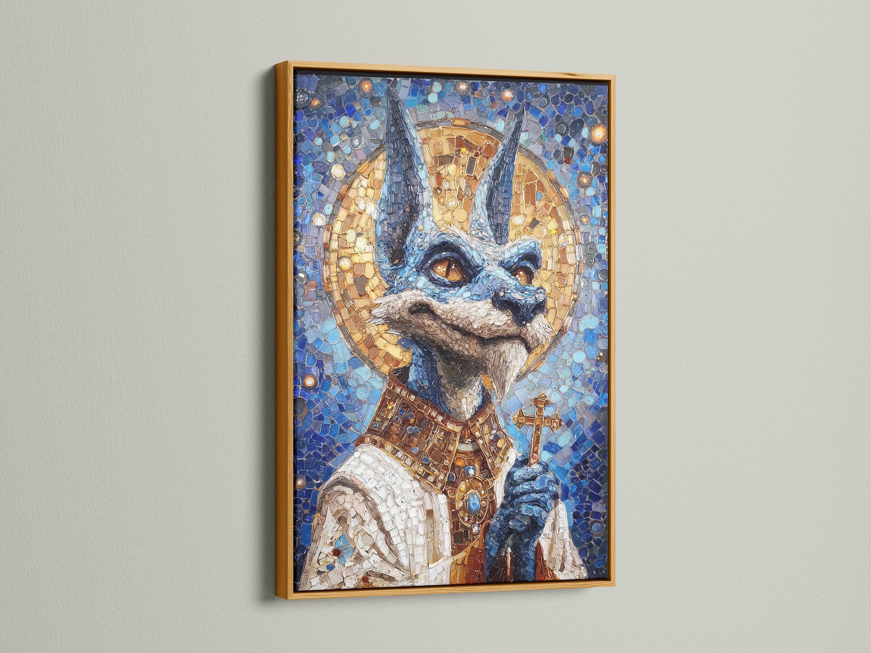 Blue and gold mosaic jackal figure with sparkling highlights detail view