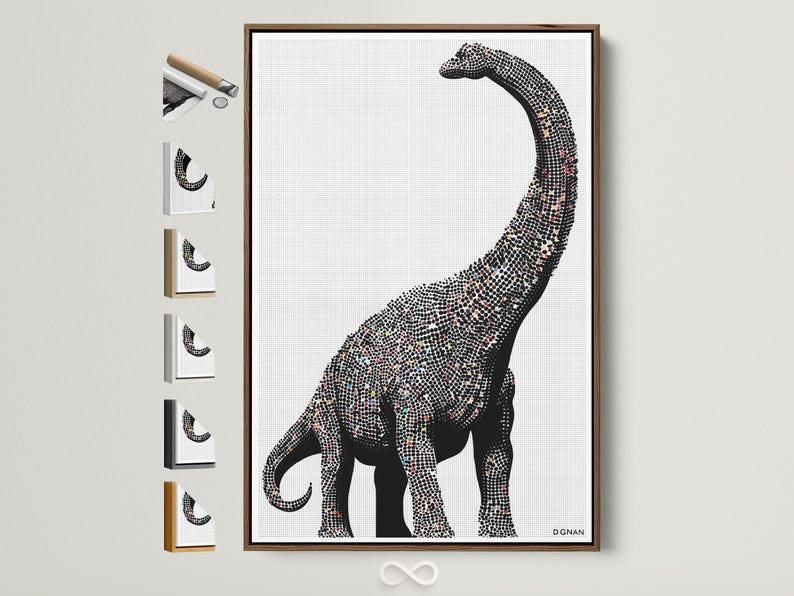 Minimalist dinosaur silhouette made from a dense dot pattern in black and off-white