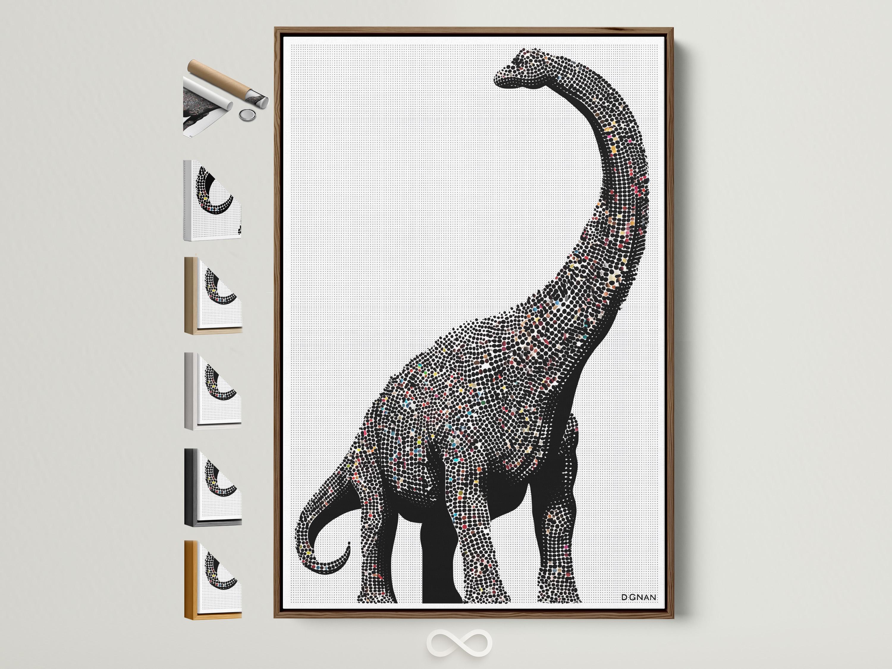 Minimalist dinosaur silhouette made from a dense dot pattern in black and off-white