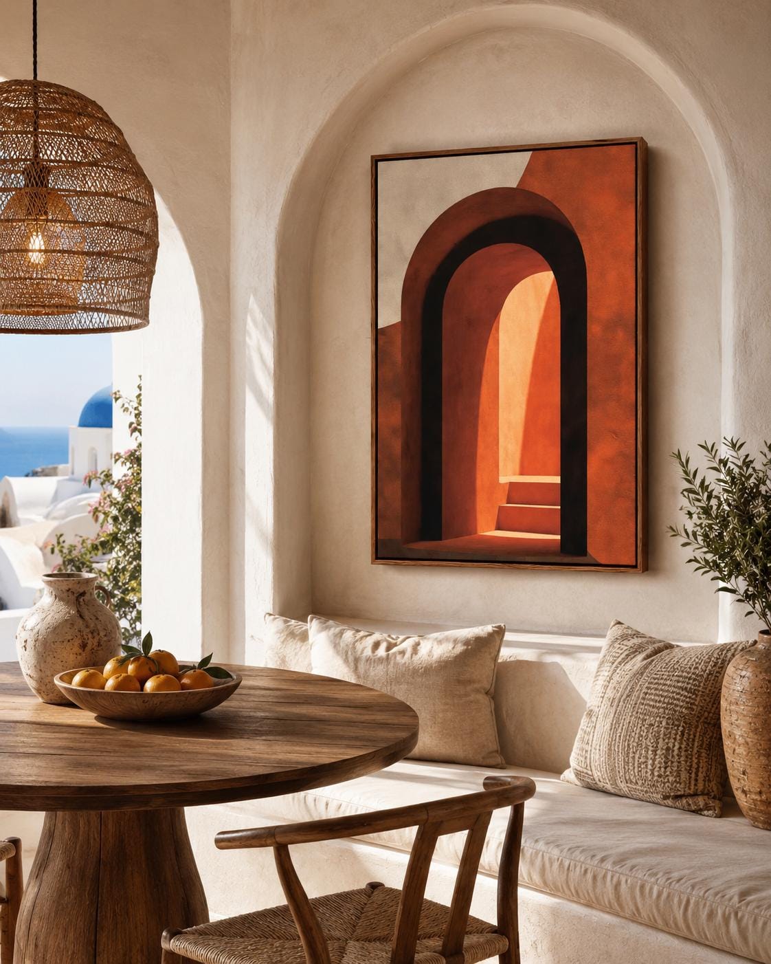 Woman holding a mug standing beside an abstract arch wall artwork in warm terracotta tones