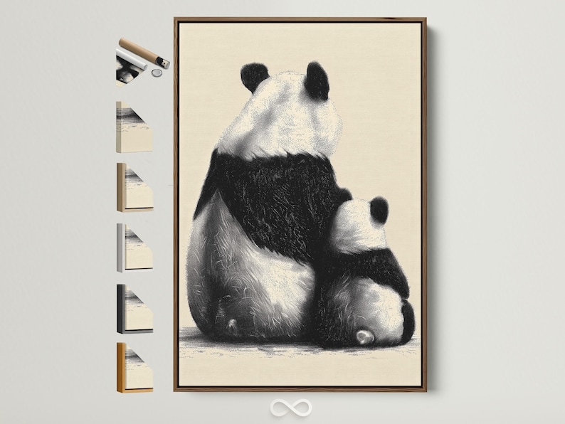 Reclining panda portrait in black and beige with a speckled textured finish