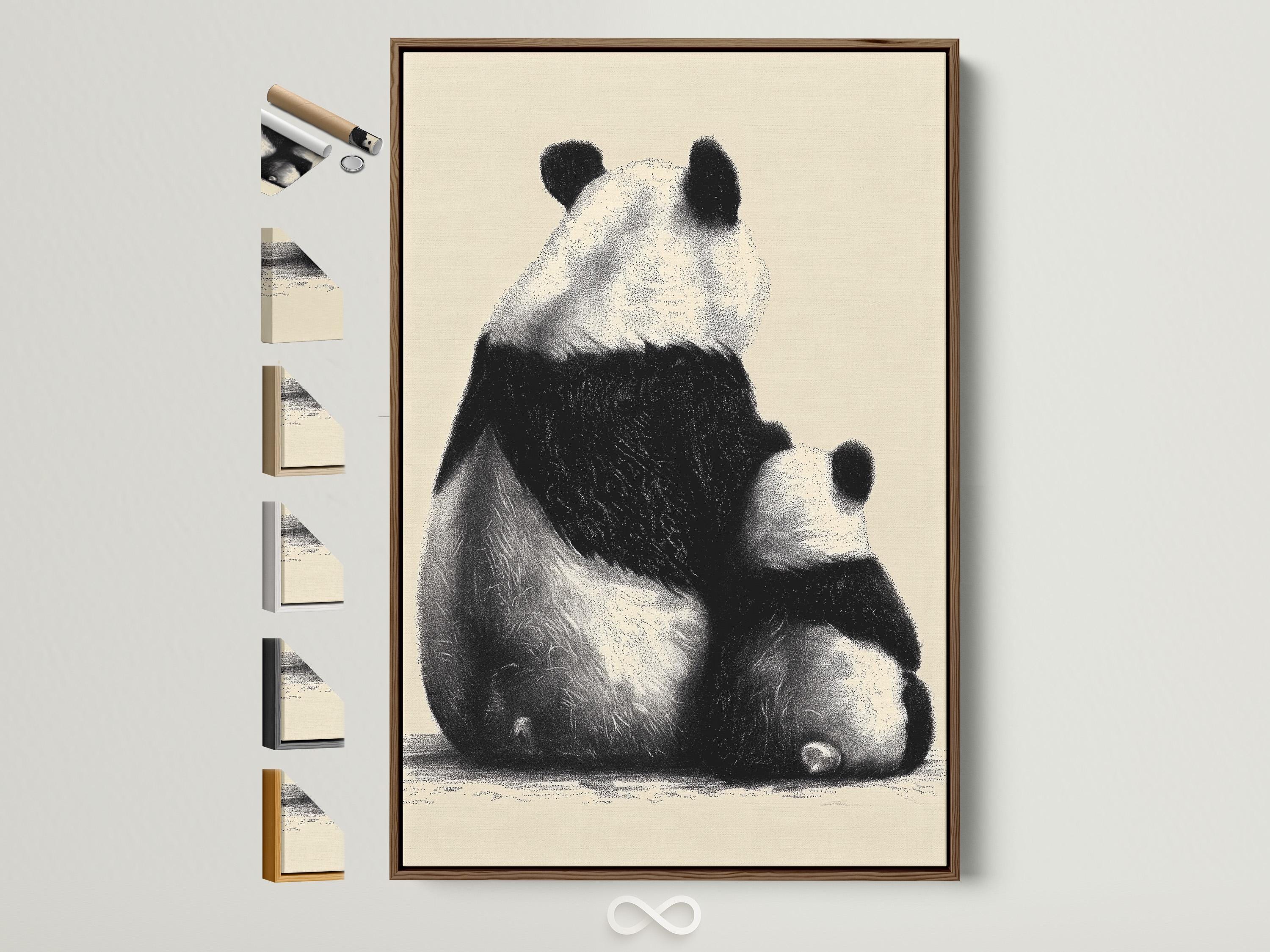Reclining panda portrait in black and beige with a speckled textured finish