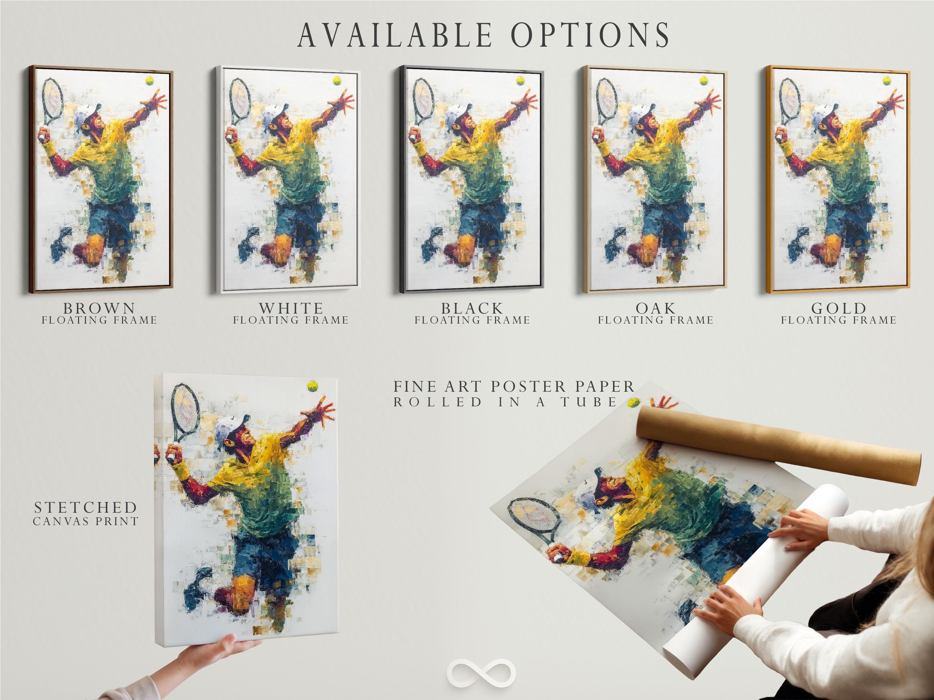 Room mockup showing framed abstract tennis player artwork with yellow, blue and teal colour blocks