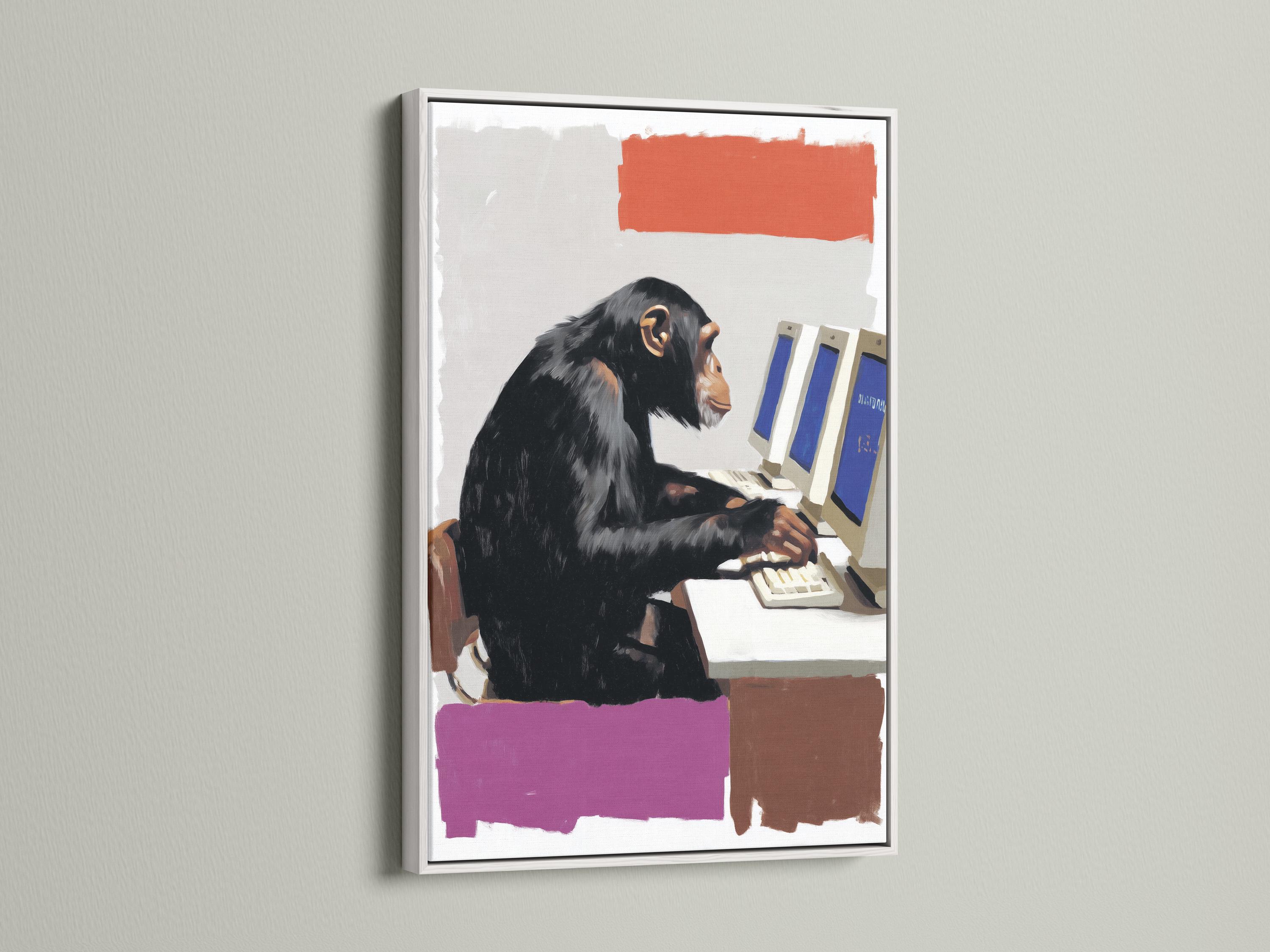 Stylised chimpanzee at a computer with purple and cream blocks and blue screen accents detail view
