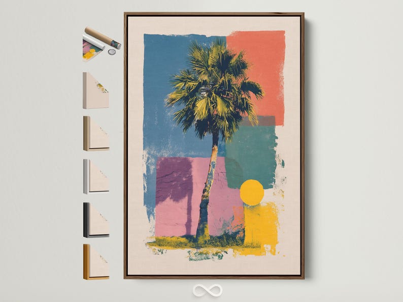 Palm tree pop-art artwork with teal, blue, coral, pink blocks and a bright yellow sun-like circle