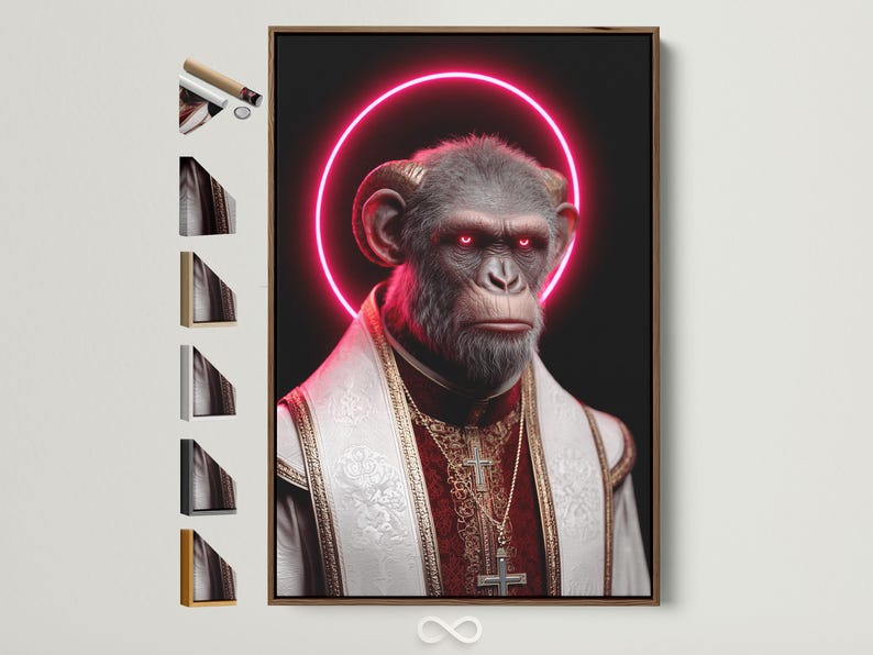 Surreal monkey portrait with a bright pink neon halo and red-and-gold robes