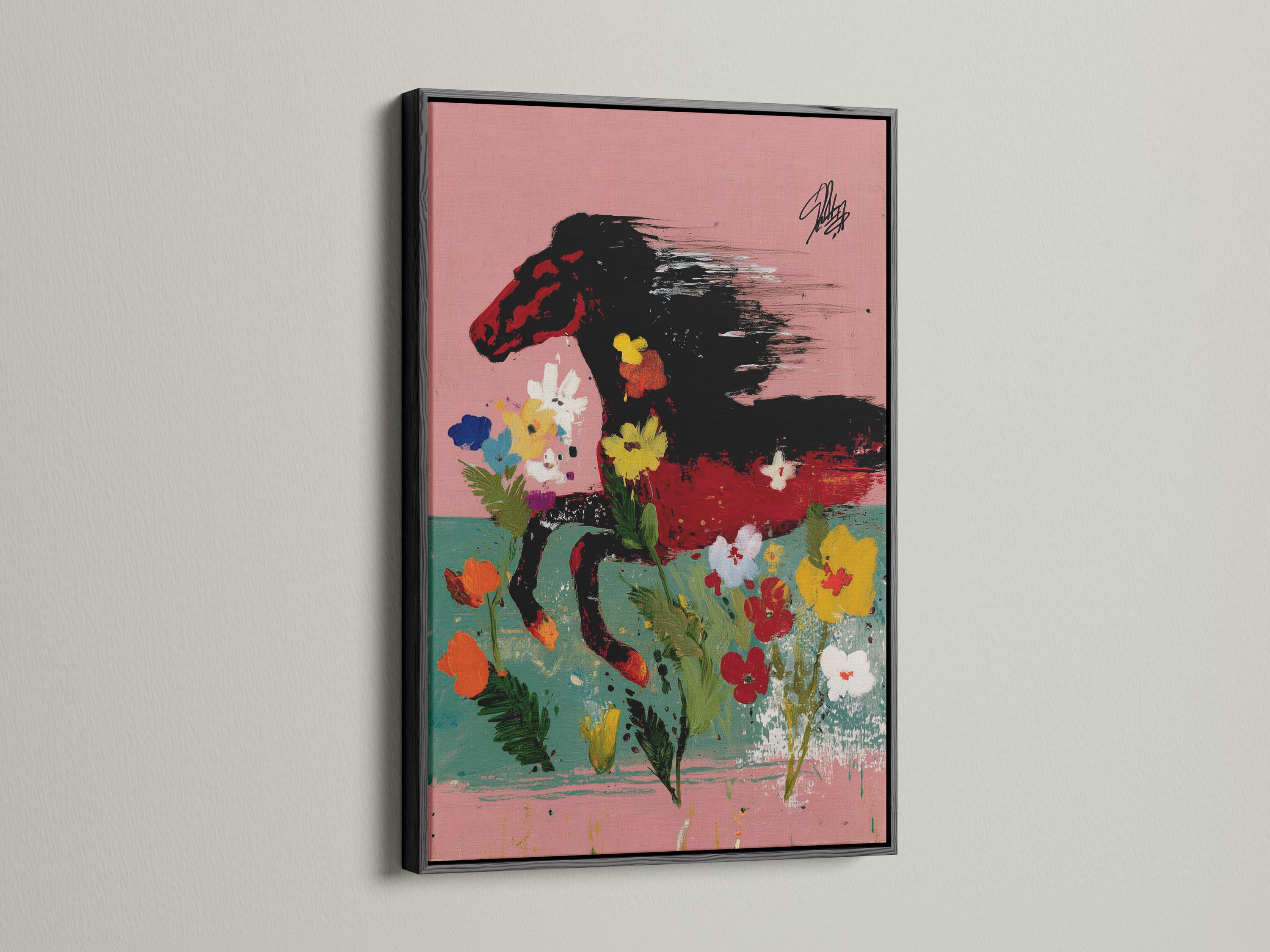 Abstract black horse profile with colourful flowers on a pink background detail view
