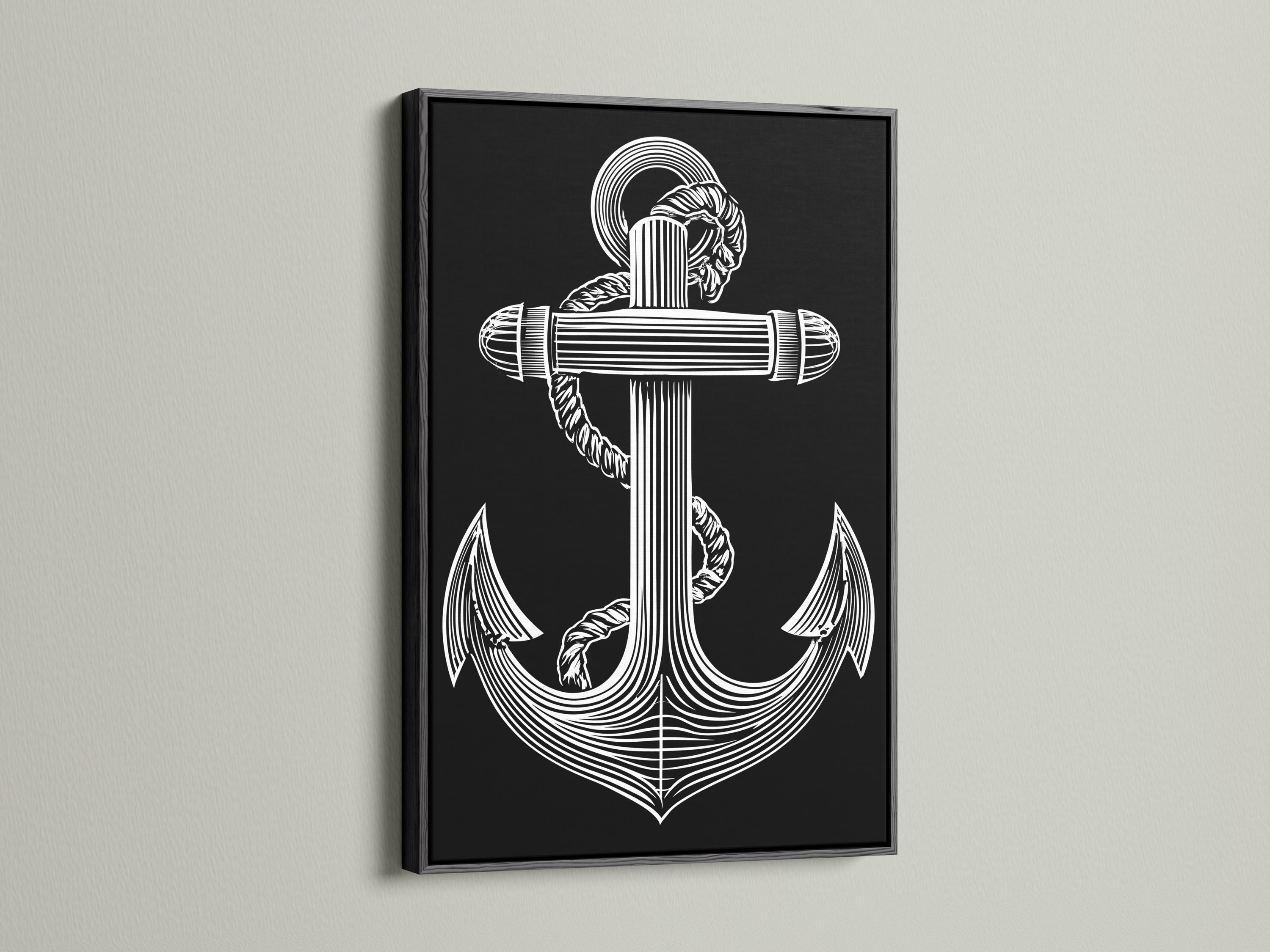 Black and white anchor line art with a profile figure and circular ring halo detail view