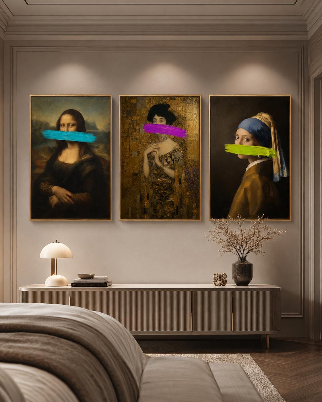 Wall mockup showing three framed neon portrait artworks above a sofa, with text on the mockup
