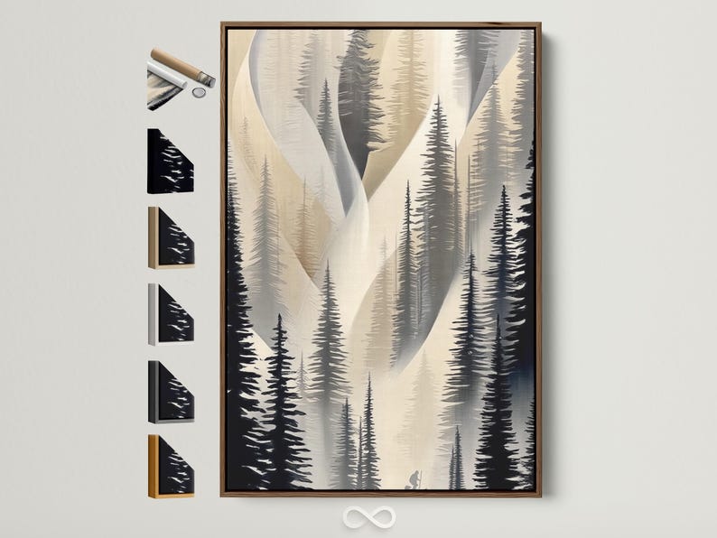 Neutral forest artwork with layered pine silhouettes in beige and charcoal tones