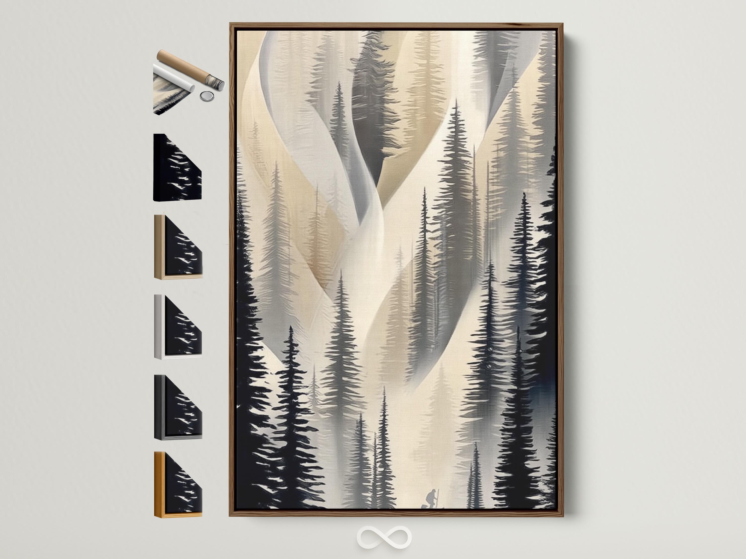 Neutral forest artwork with layered pine silhouettes in beige and charcoal tones