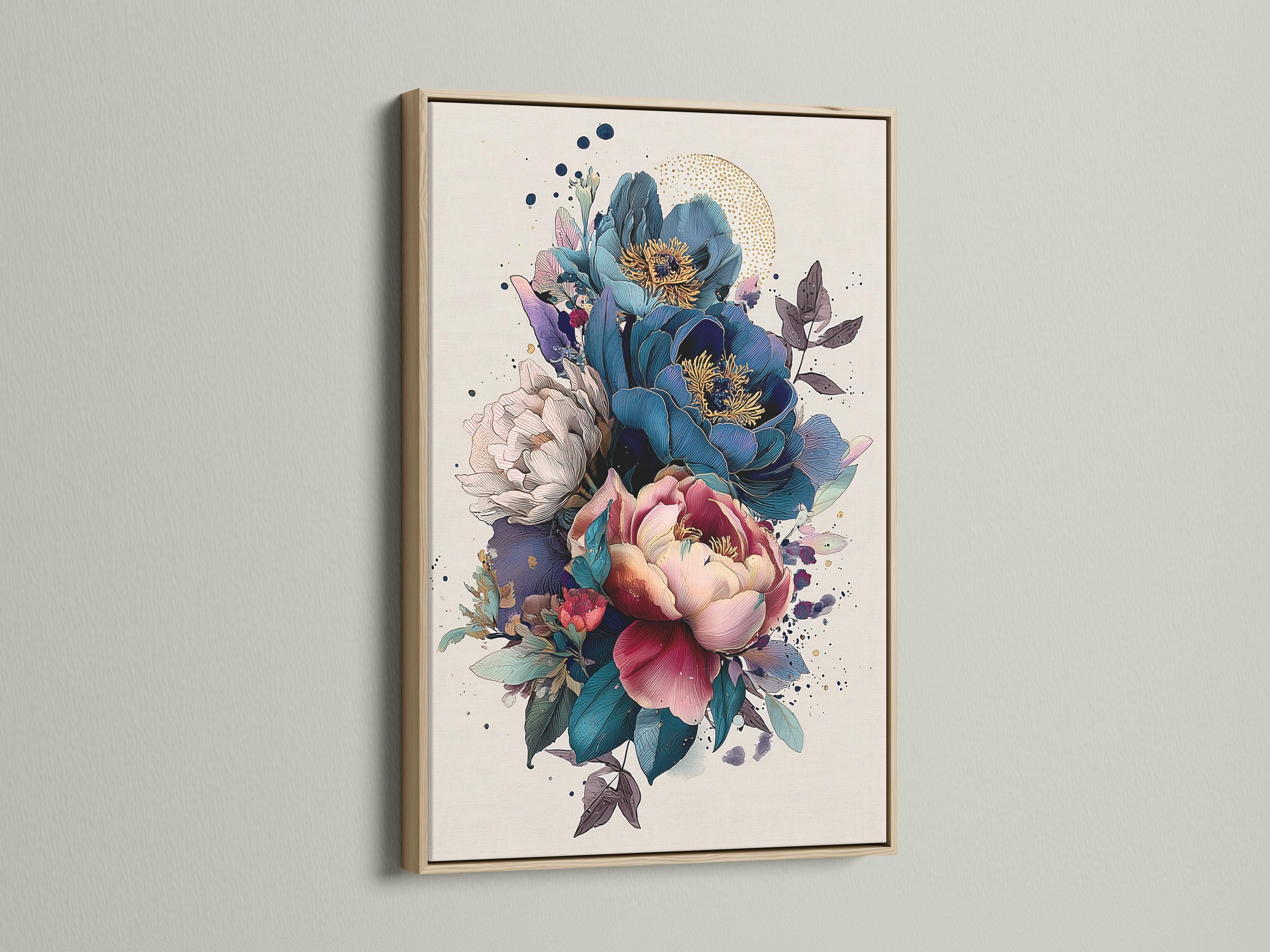 Painterly peony floral illustration with teal foliage, pink petals and subtle gold specks detail view