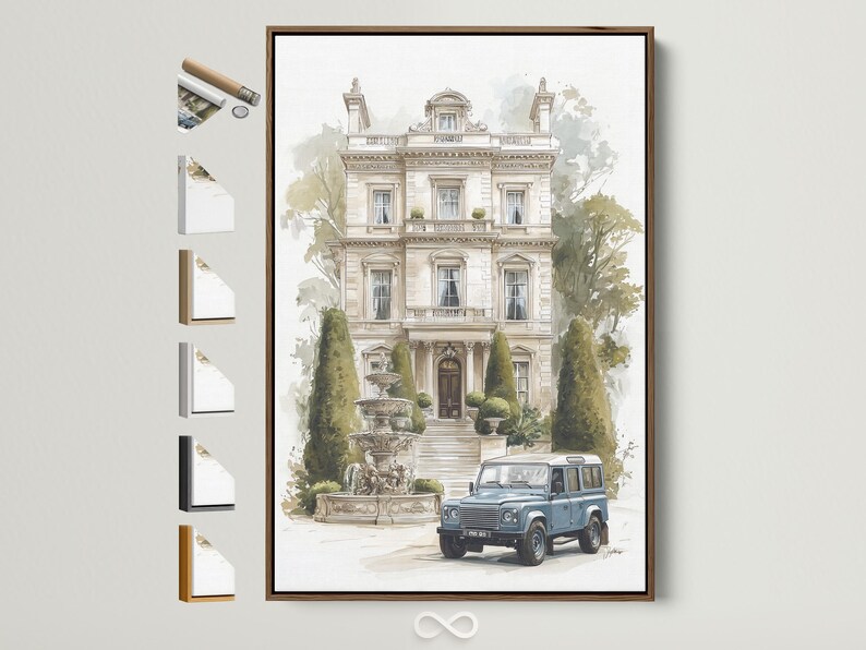 Watercolor-style manor house facade with leafy trees and a blue vintage car in front