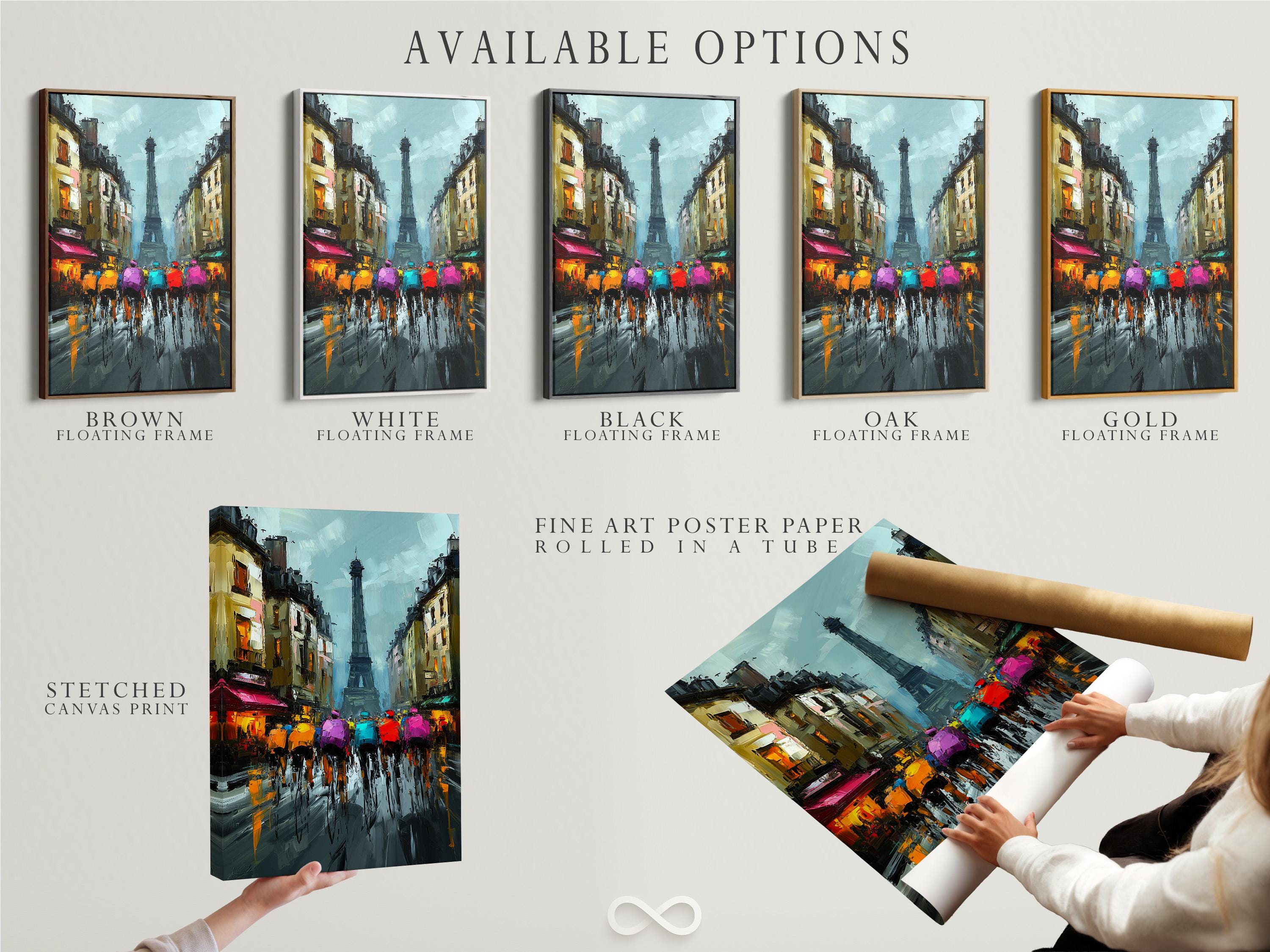 Wall mockup showing a framed Paris tower cityscape artwork with blue and pink colours