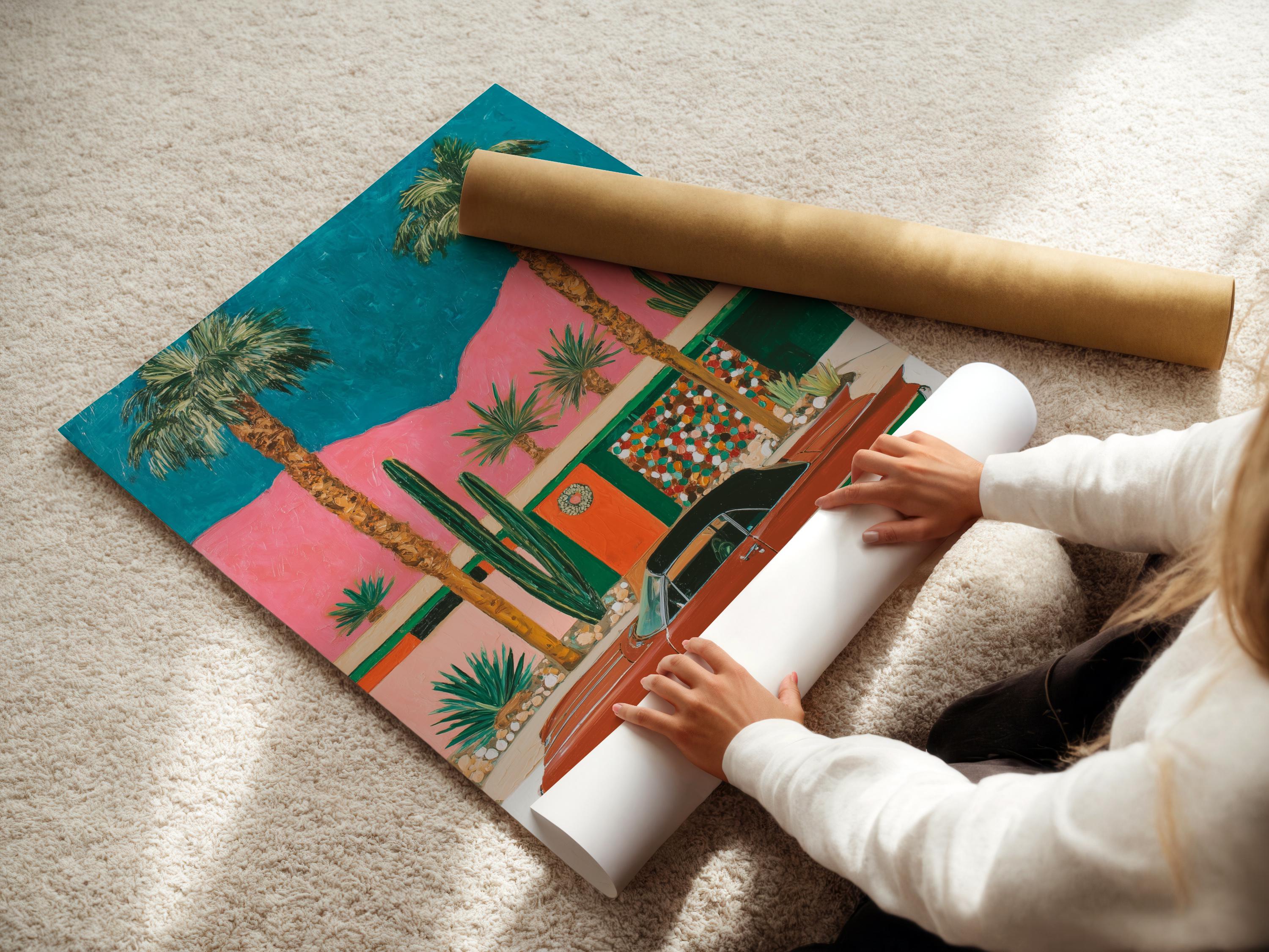Retro car in a desert scene with palm trees, cacti, and teal and pink background detail view