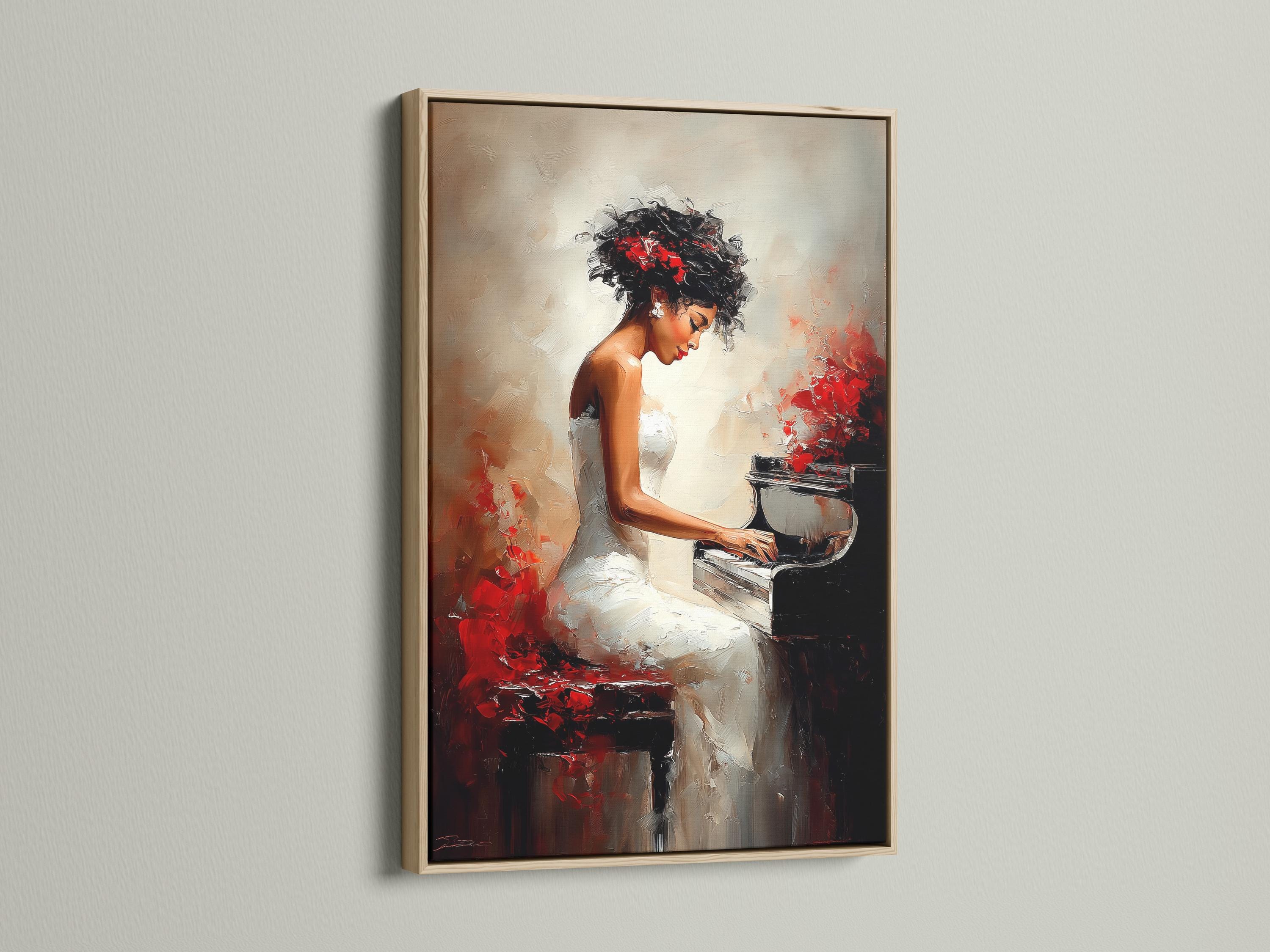 Portrait painting of a woman playing the piano with black, red and light neutral tones detail view