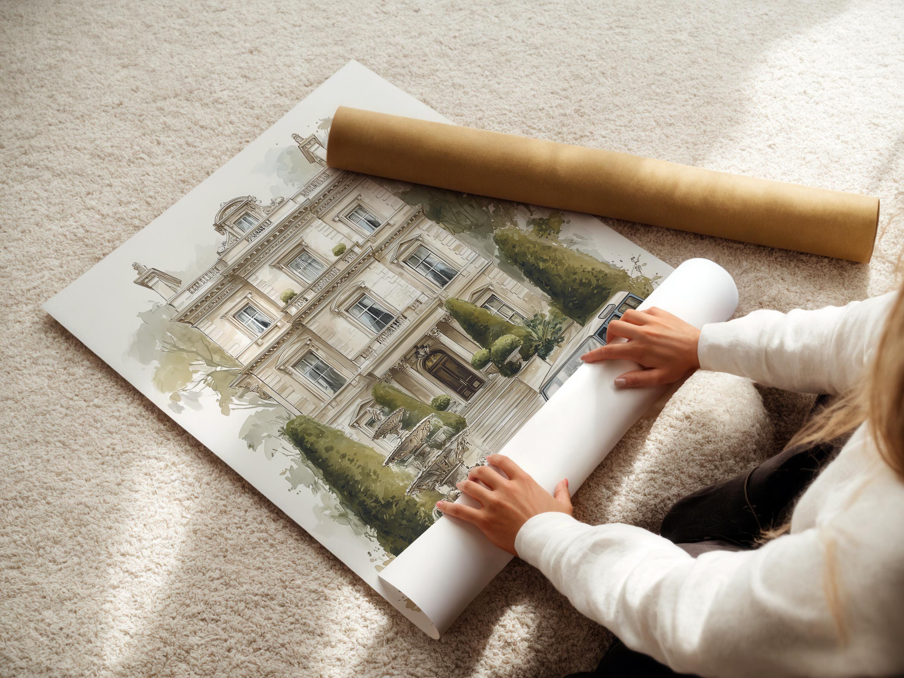 Room mockup showing a framed manor house artwork with trees and a blue vintage car