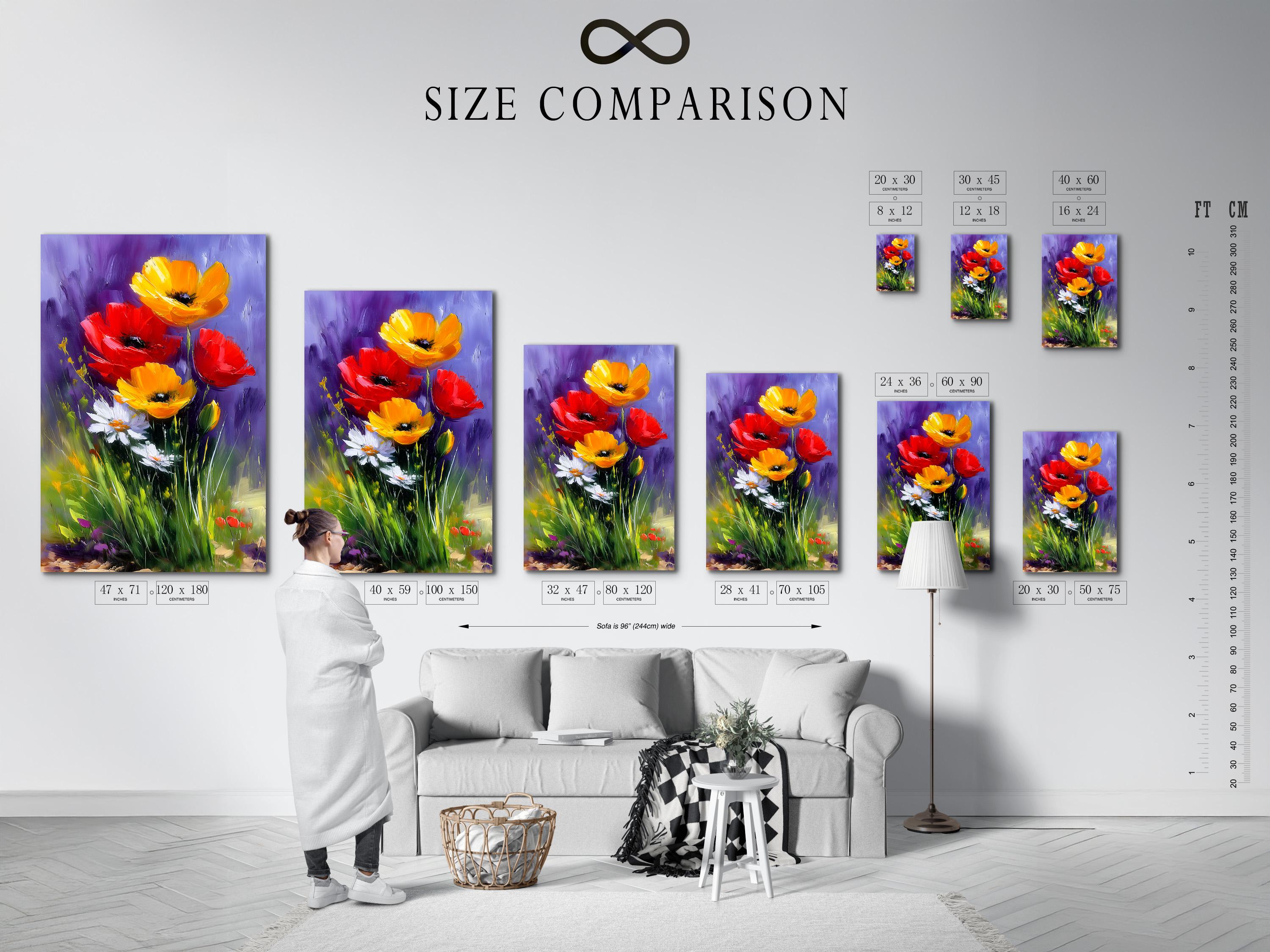 A painterly floral scene shows bold red and yellow poppy-like flowers rising from green stems against a purple background detail view