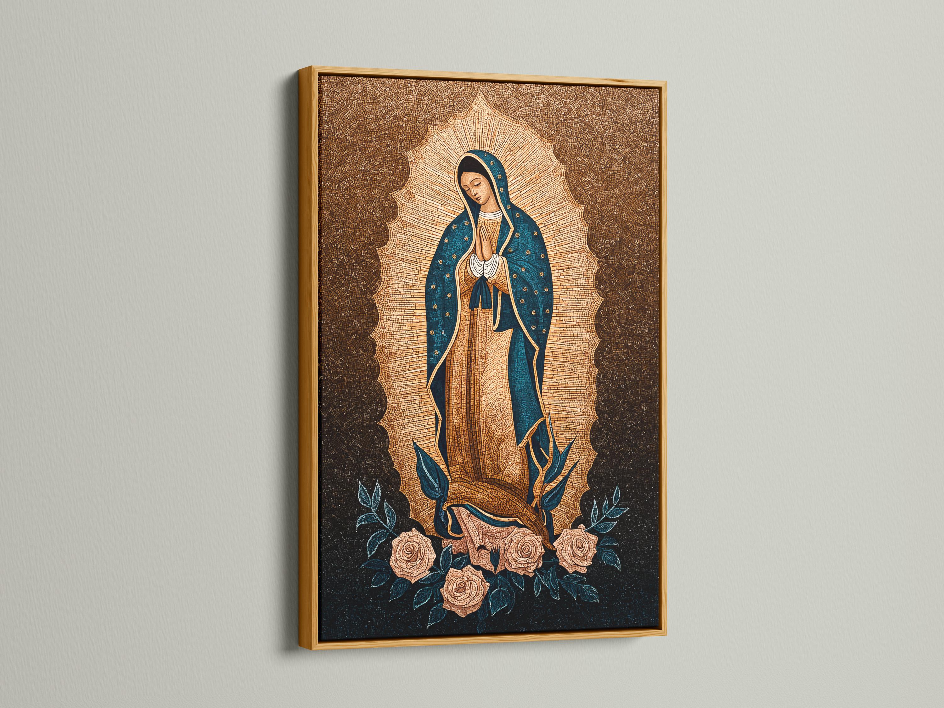 Woman praying beside a framed Virgin Mary portrait on a wall above a table with candles and flowers