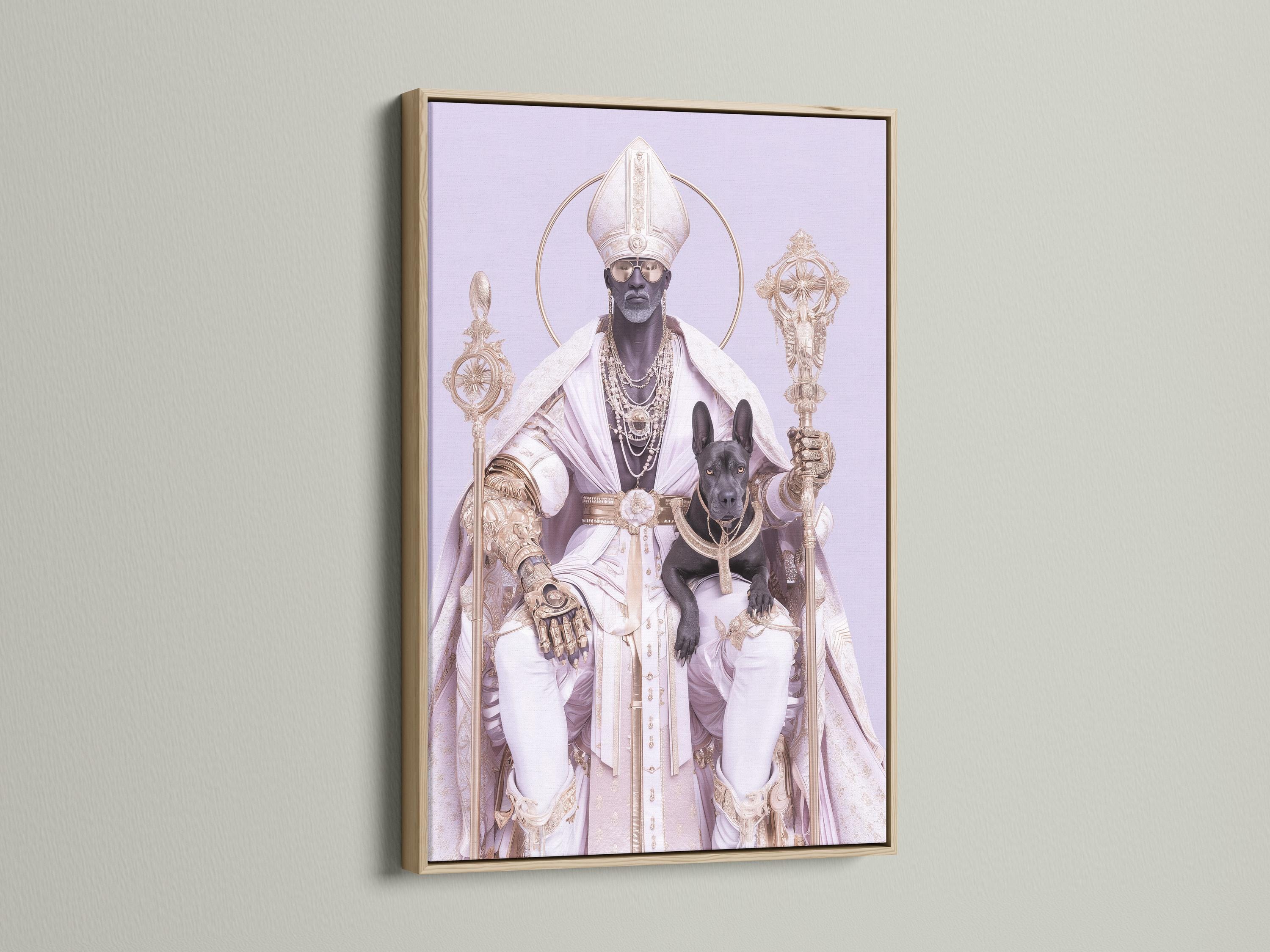 Regal robed figure with halo ring and black dog on a lavender background with gold ornaments detail view