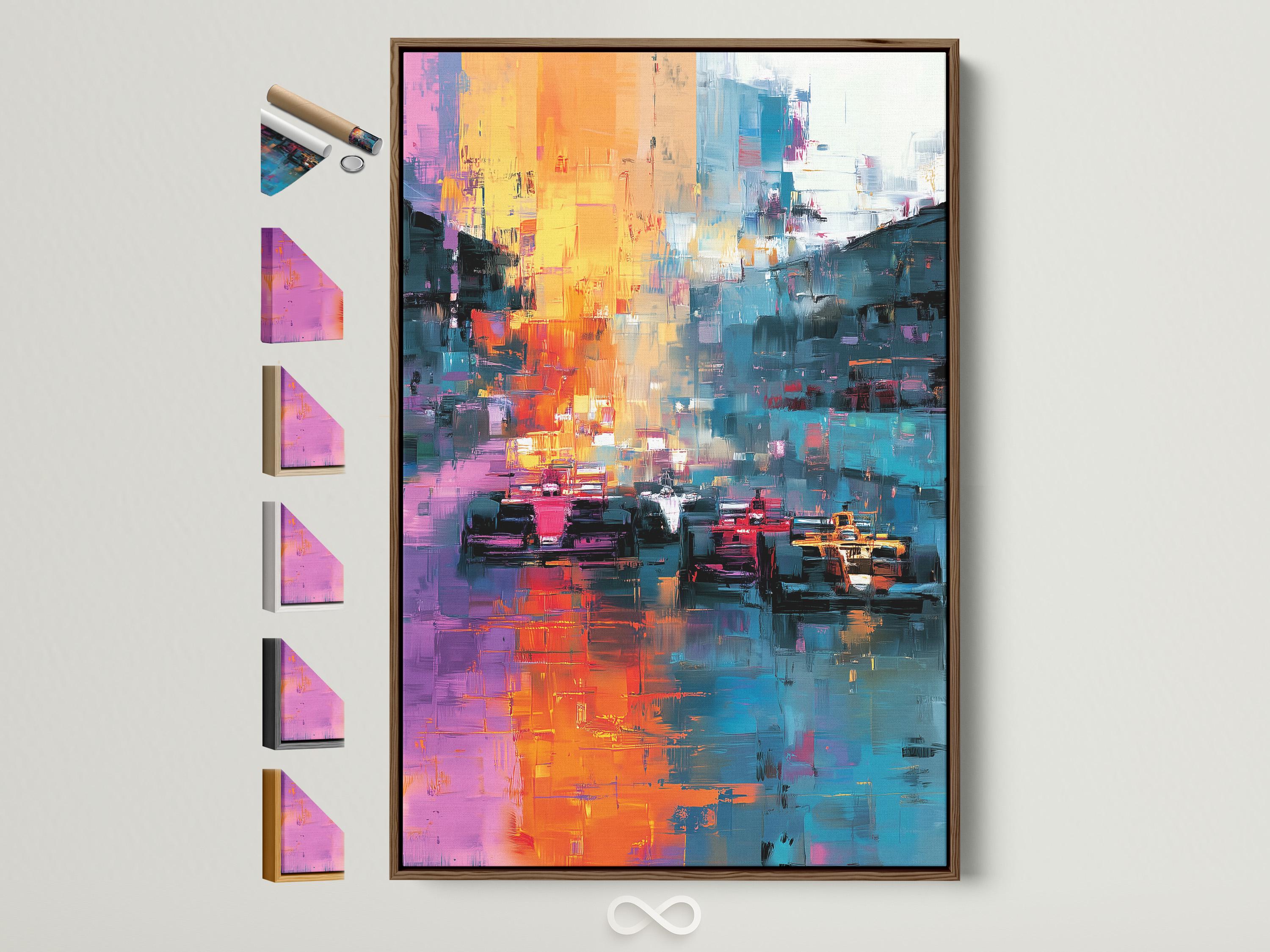 Room mockup with a large framed abstract cityscape artwork above a seating area