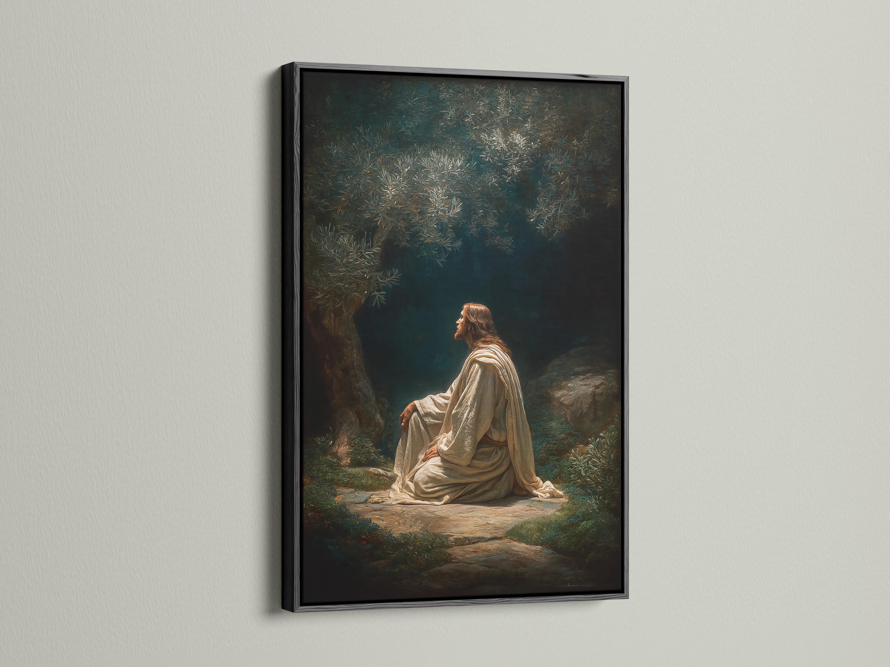 Seated praying figure in light robes in a dark green forest with glowing leaves detail view