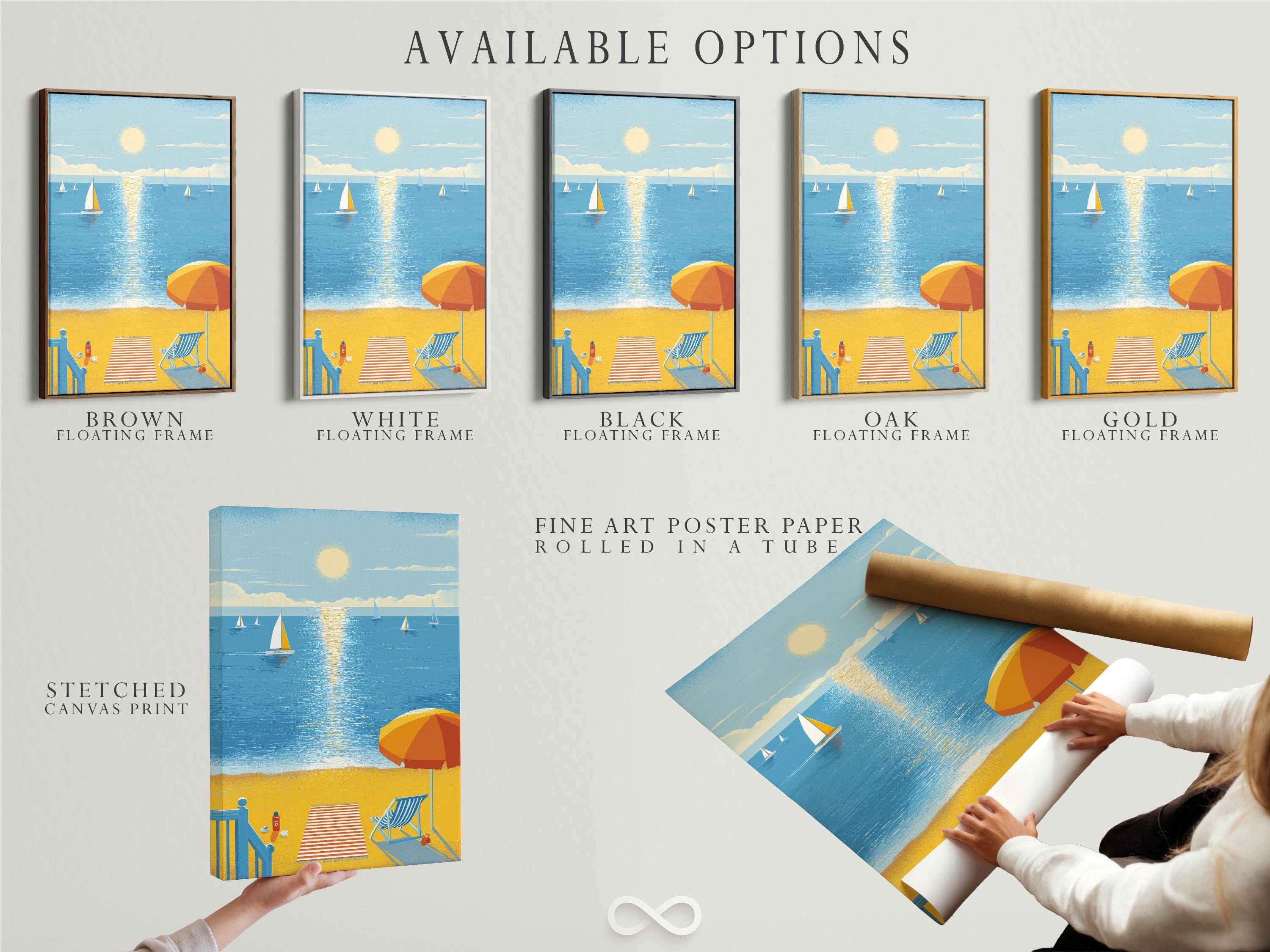 Illustrated beach and ocean scene with sailboats, a glowing sun, and an orange umbrella on sandy shore detail view