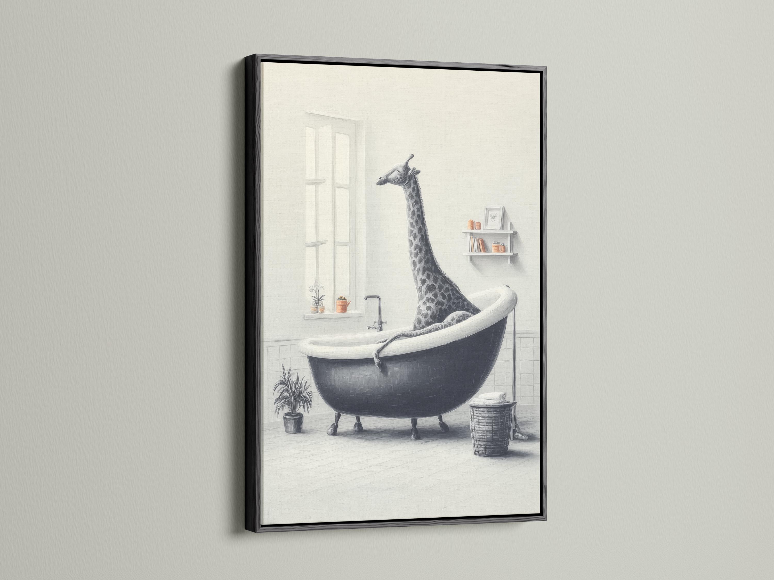 Black-and-white illustration of a giraffe standing in a bathtub in a pale bathroom scene detail view