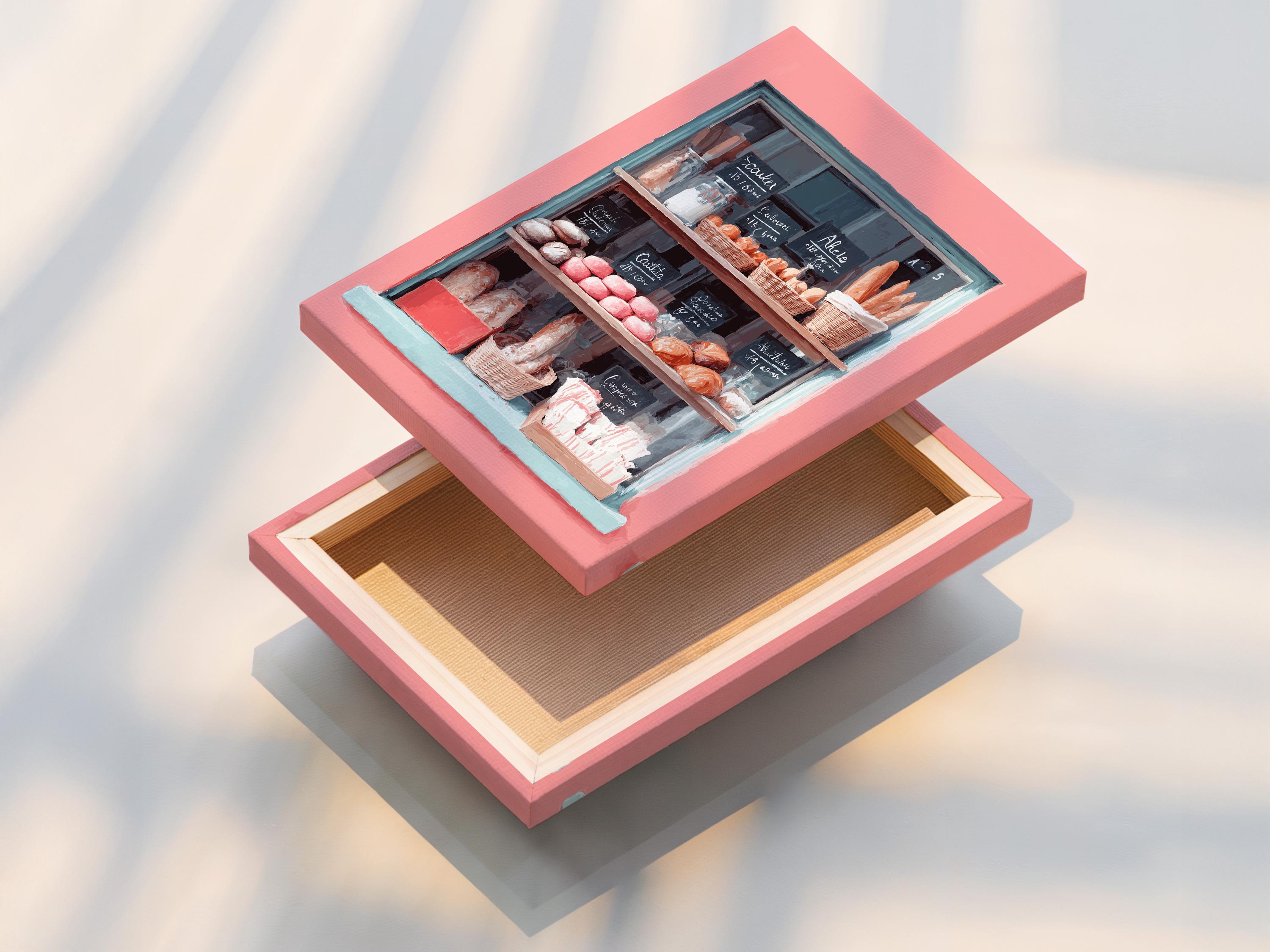Pastel bakery window painting with pastries and handwritten menu signs detail view