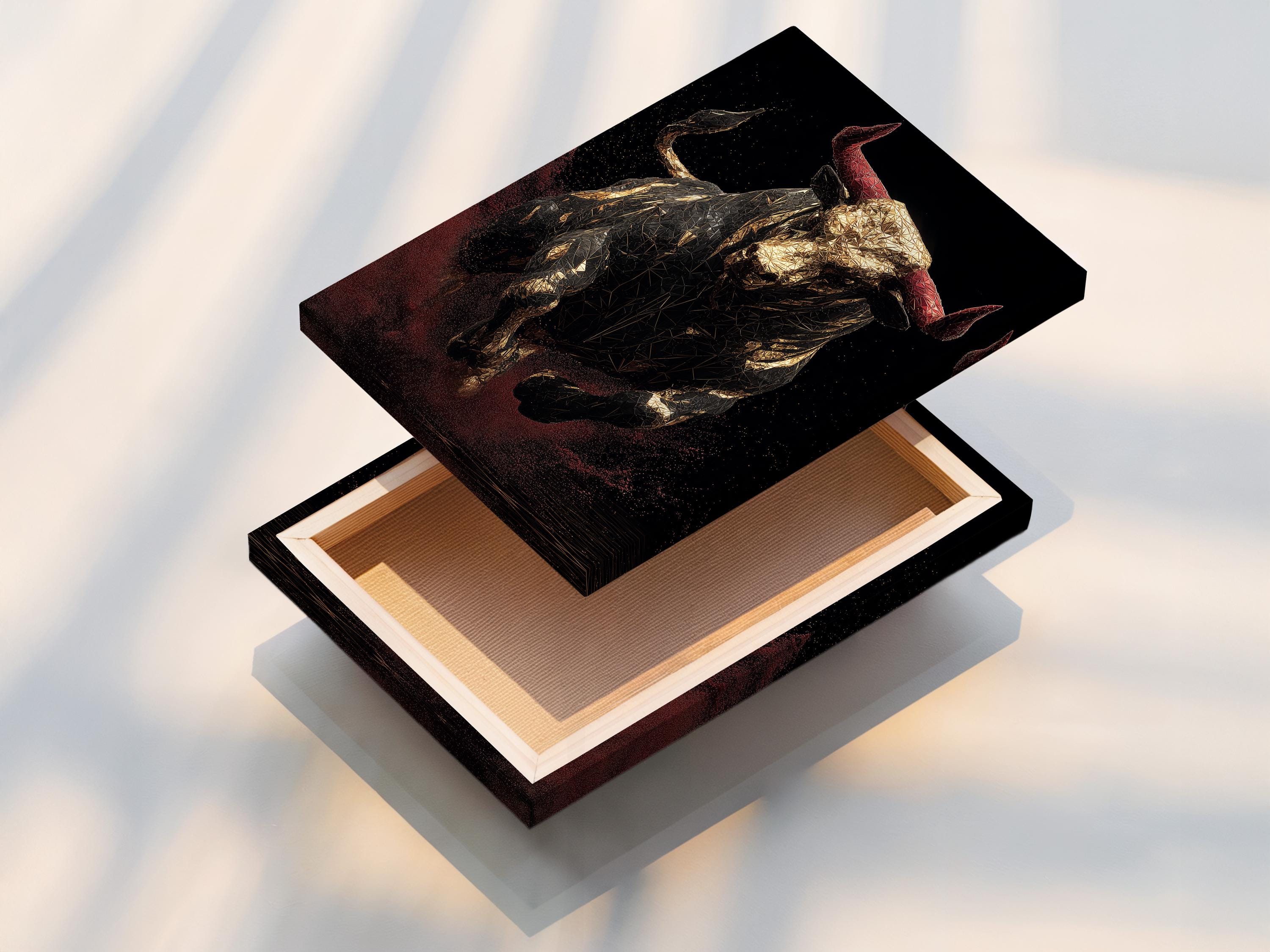 Geometric bull with gold facets, muted red horns and a dark speckled background detail view
