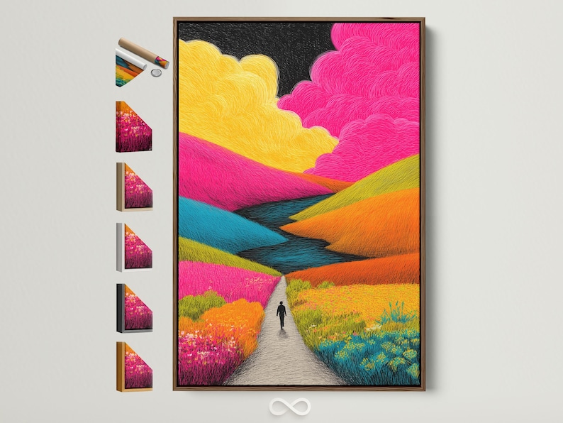 Vibrant abstract landscape with a winding path, layered pink and yellow fields, and cloud shapes under a dark sky