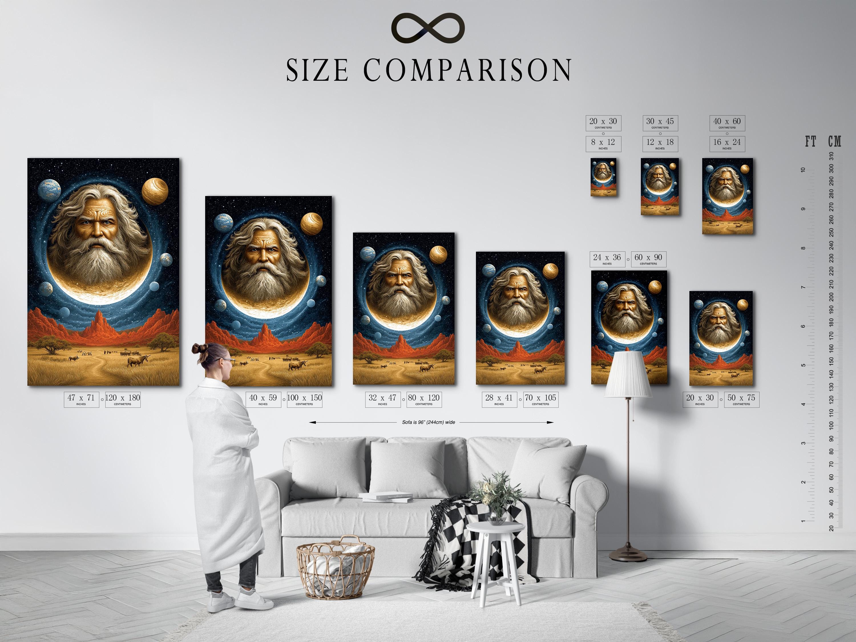Room mockup showing a framed surreal celestial portrait with a glowing moon and desert landscape