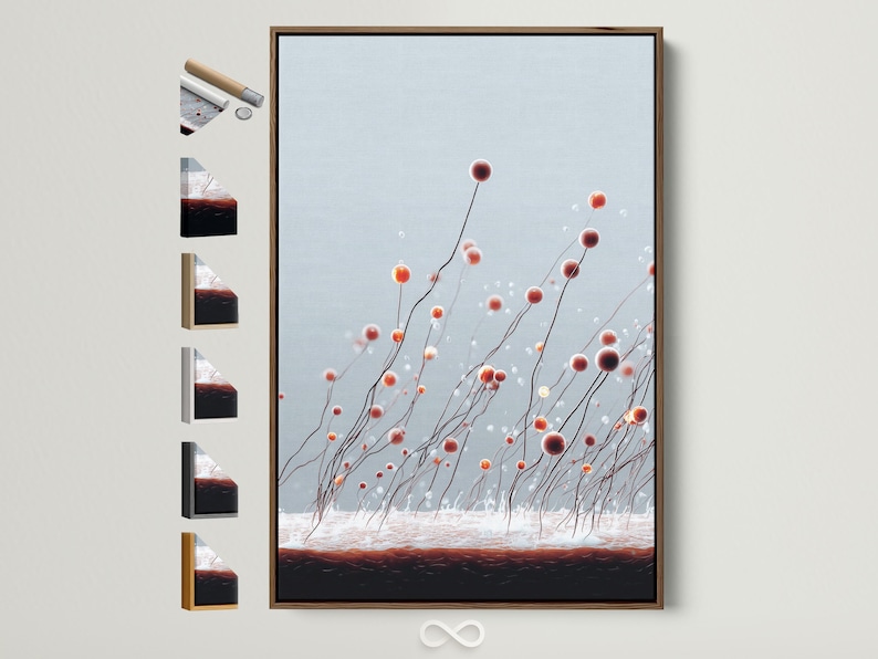 Abstract botanical artwork with curved stems and floating rust and orange bud-like spheres on a pale blue-grey background