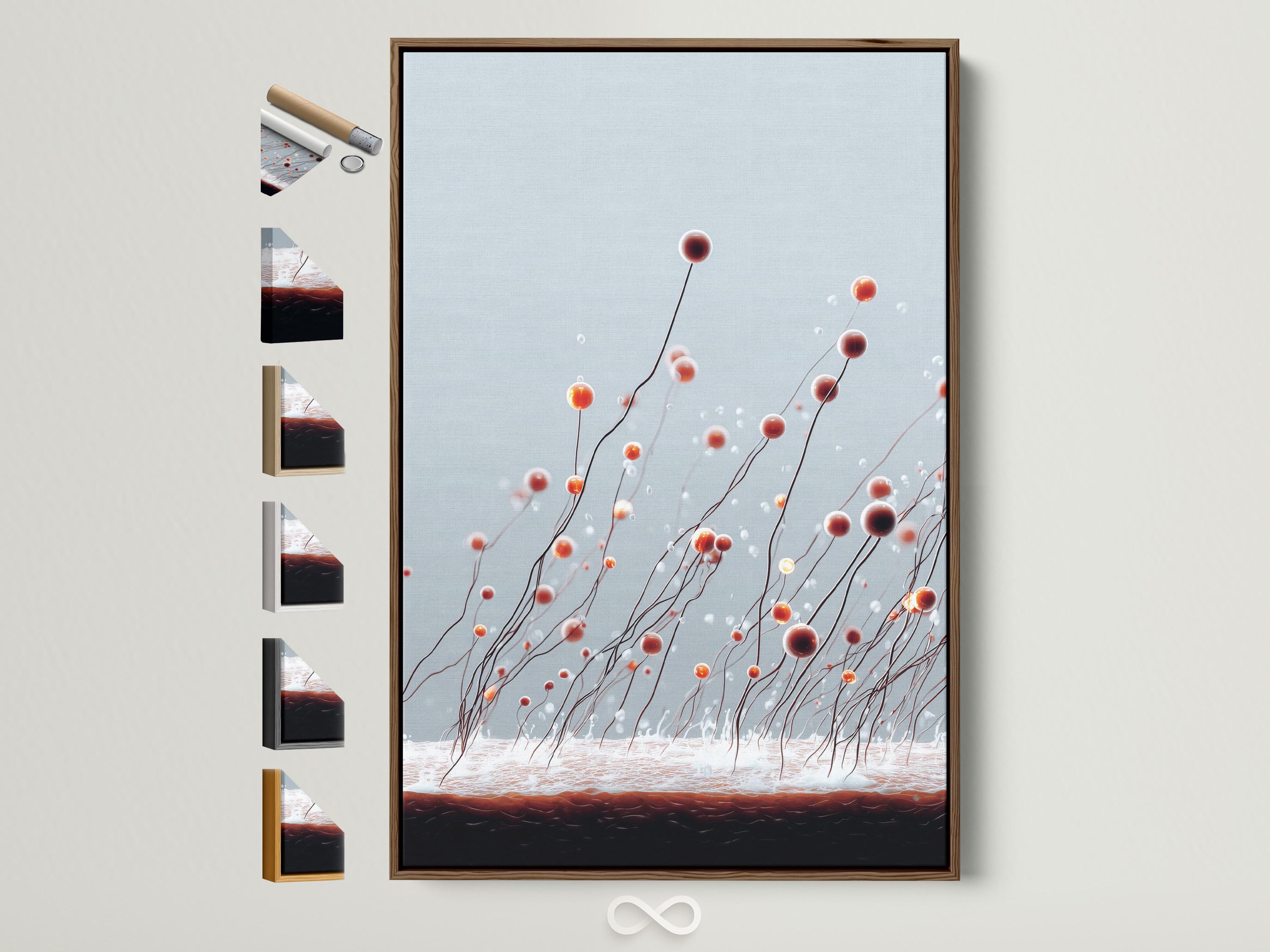 Abstract botanical artwork with curved stems and floating rust and orange bud-like spheres on a pale blue-grey background