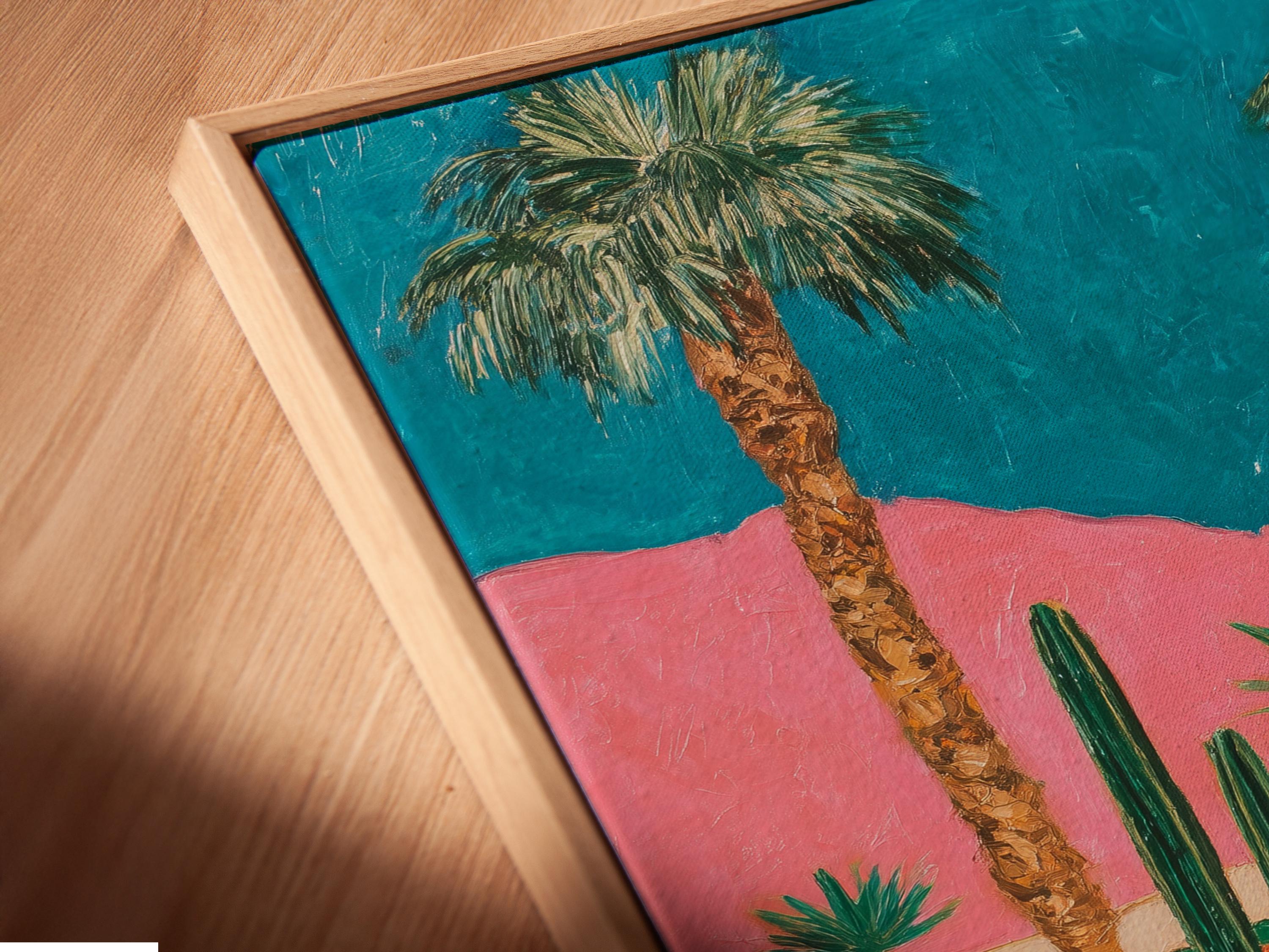 Retro car in a desert scene with palm trees, cacti, and teal and pink background detail view