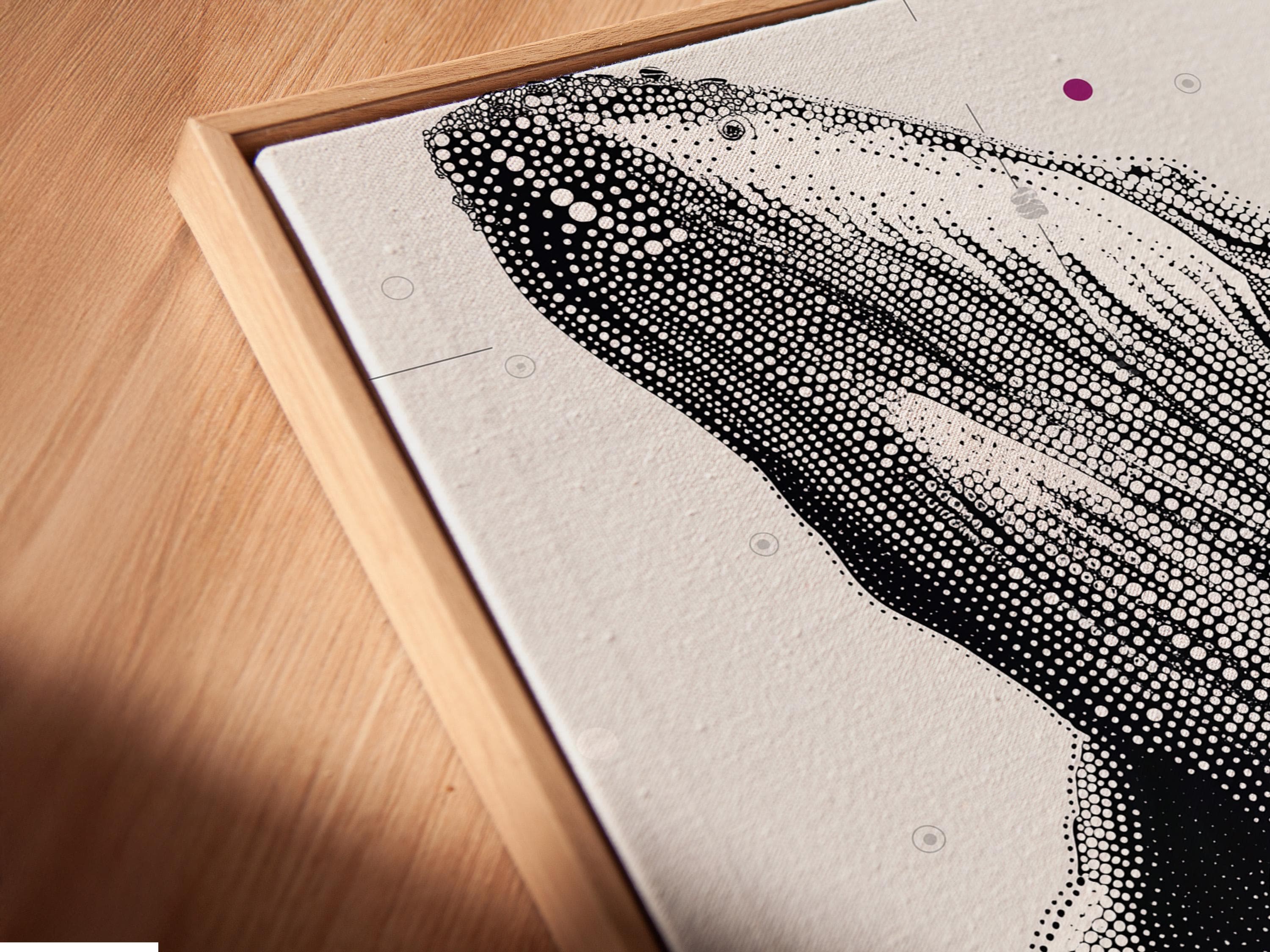 Humpback whale wall art mockup with dotted whale illustration in black and white