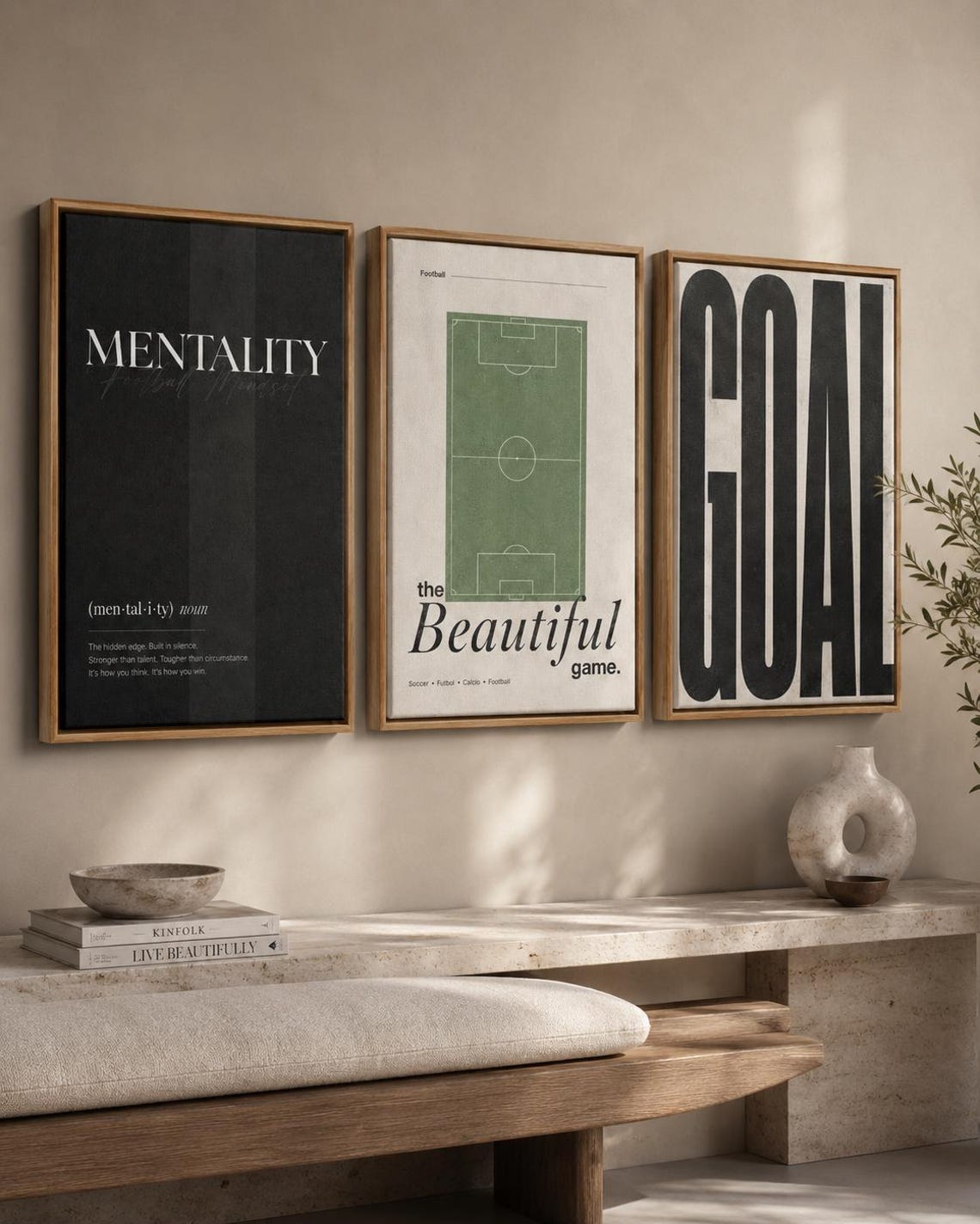 Football typography wall art set of three panels displayed above a desk in a room