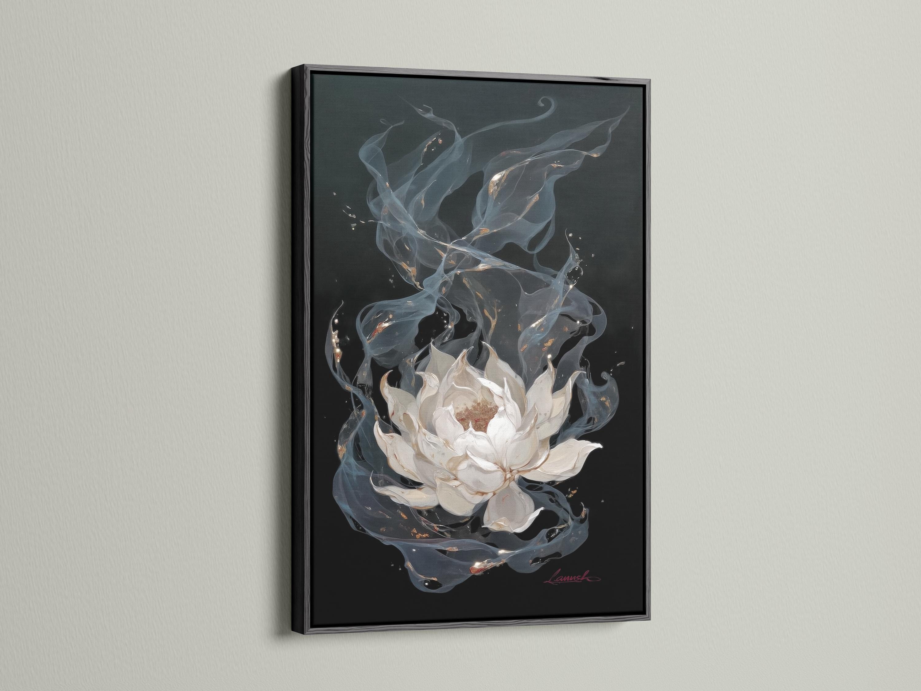 Painterly white lotus flower with swirling blue-grey petals and gold flecks on a dark background detail view