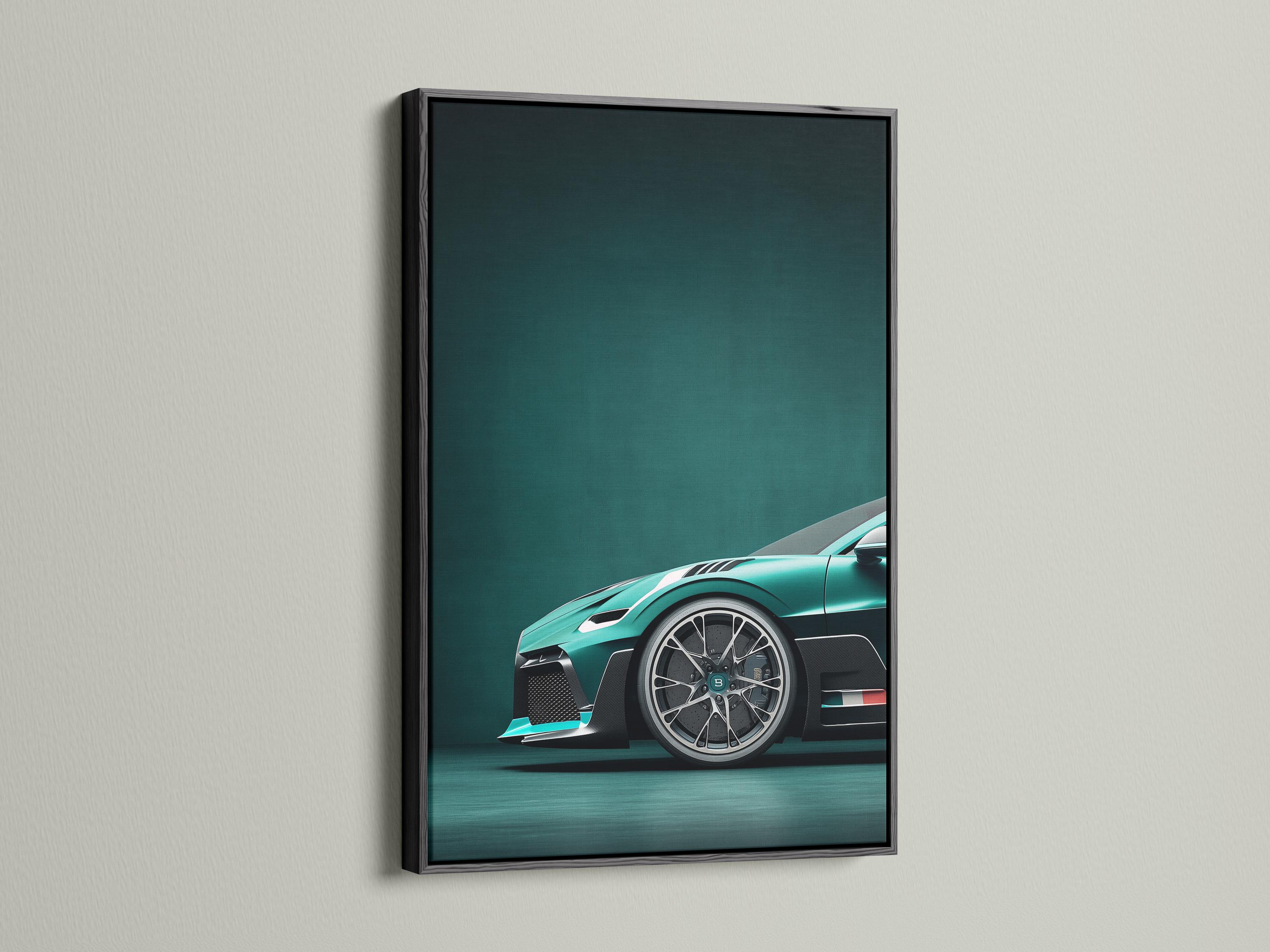 Wall mockup showing a framed teal sports car artwork with smaller preview thumbnails