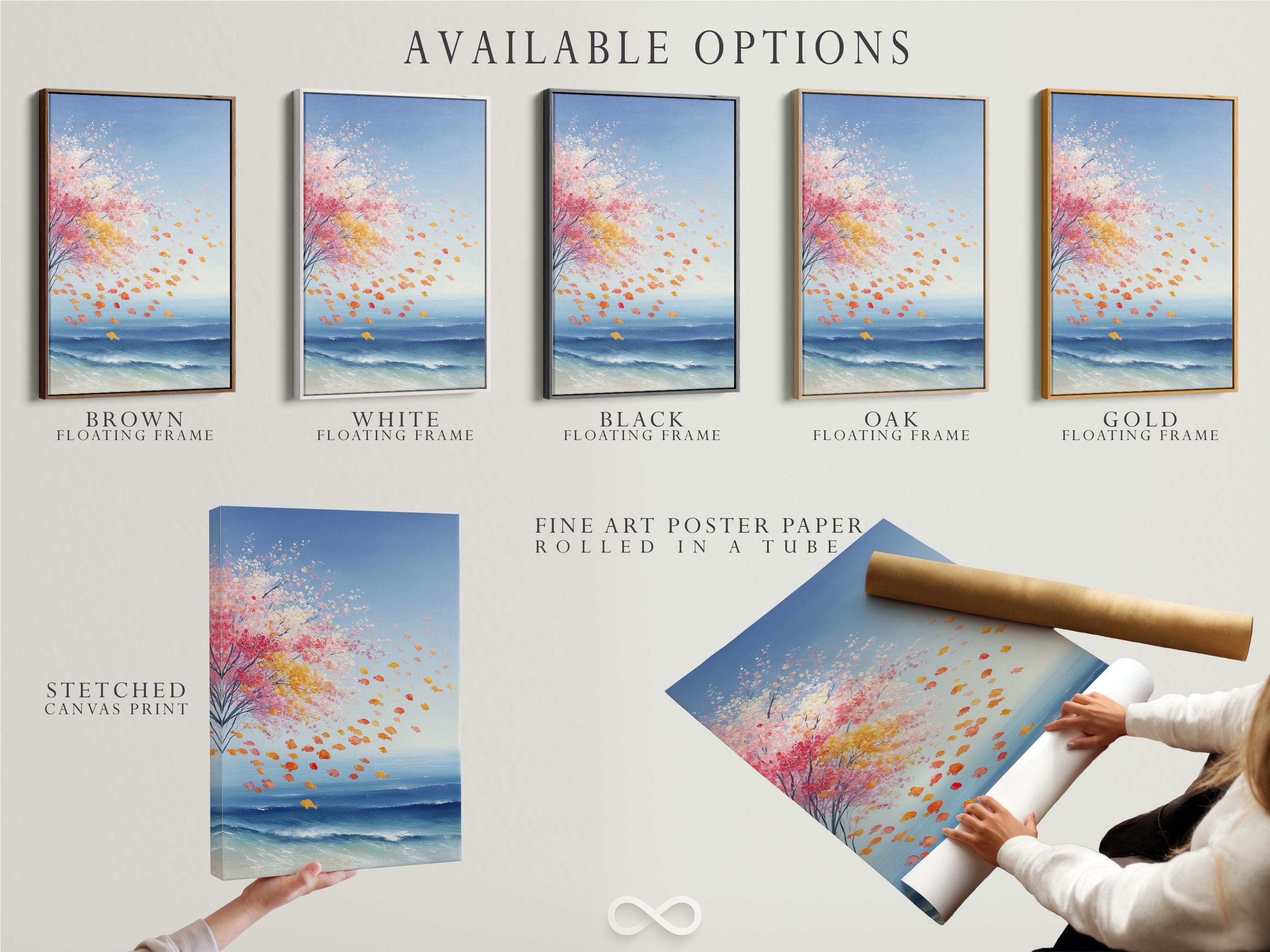 Room mockup showing a framed coastal seascape artwork with pink blossom petals and blue ocean