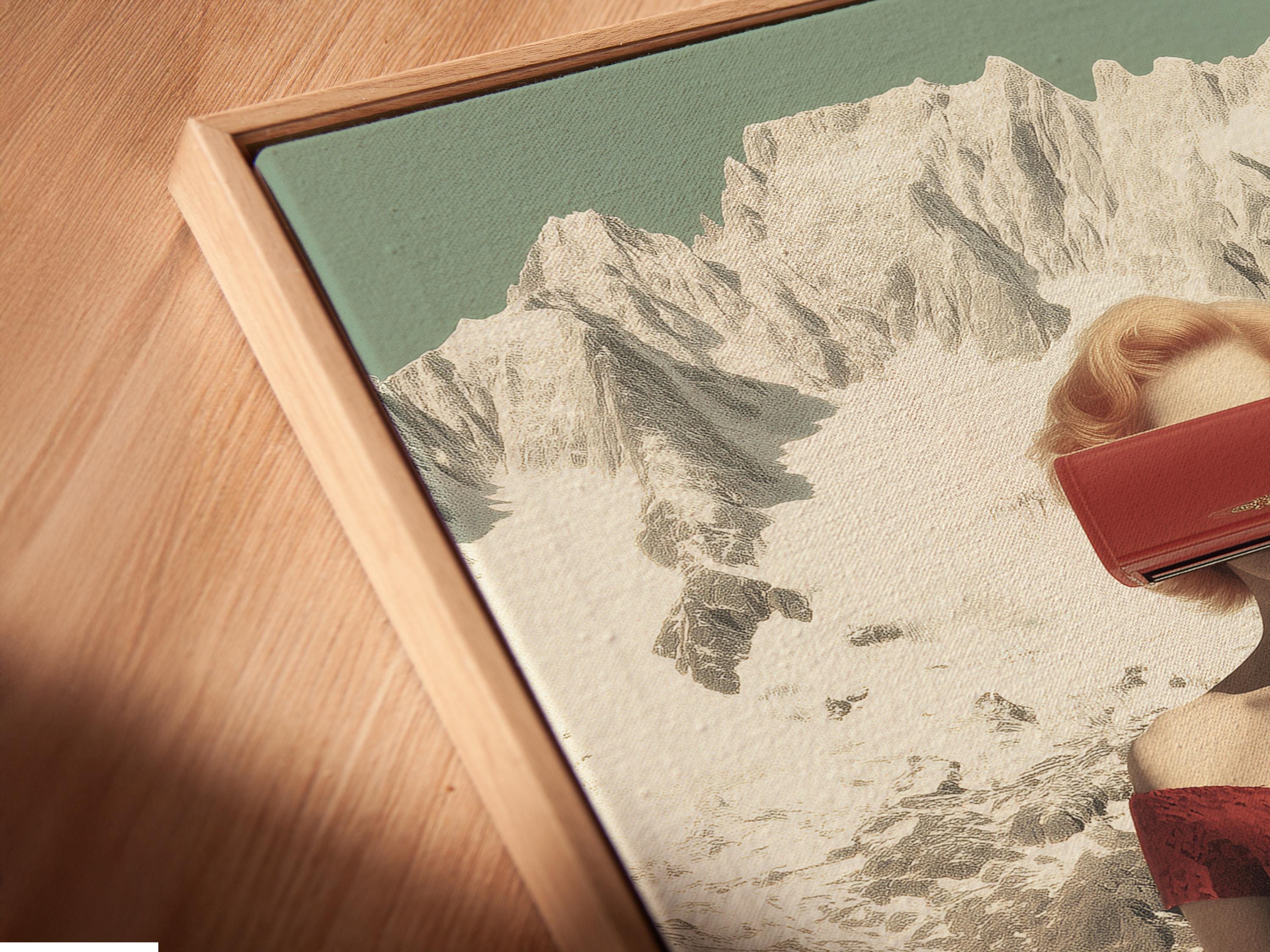 Surreal woman in a red dress standing in a snowy mountain landscape with luggage detail view