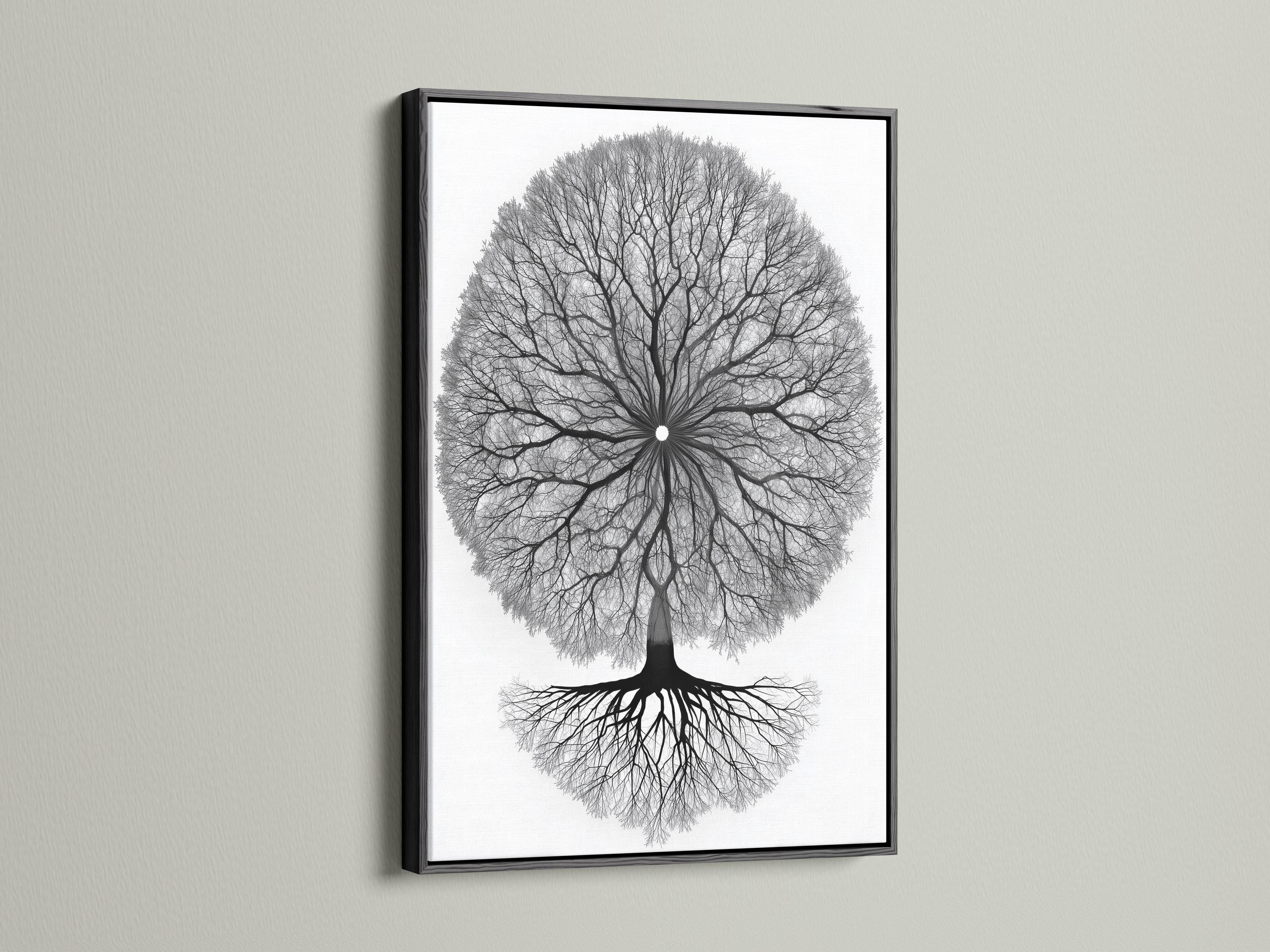 Monochrome tree of life artwork with a circular mandala-like canopy of branches and roots detail view