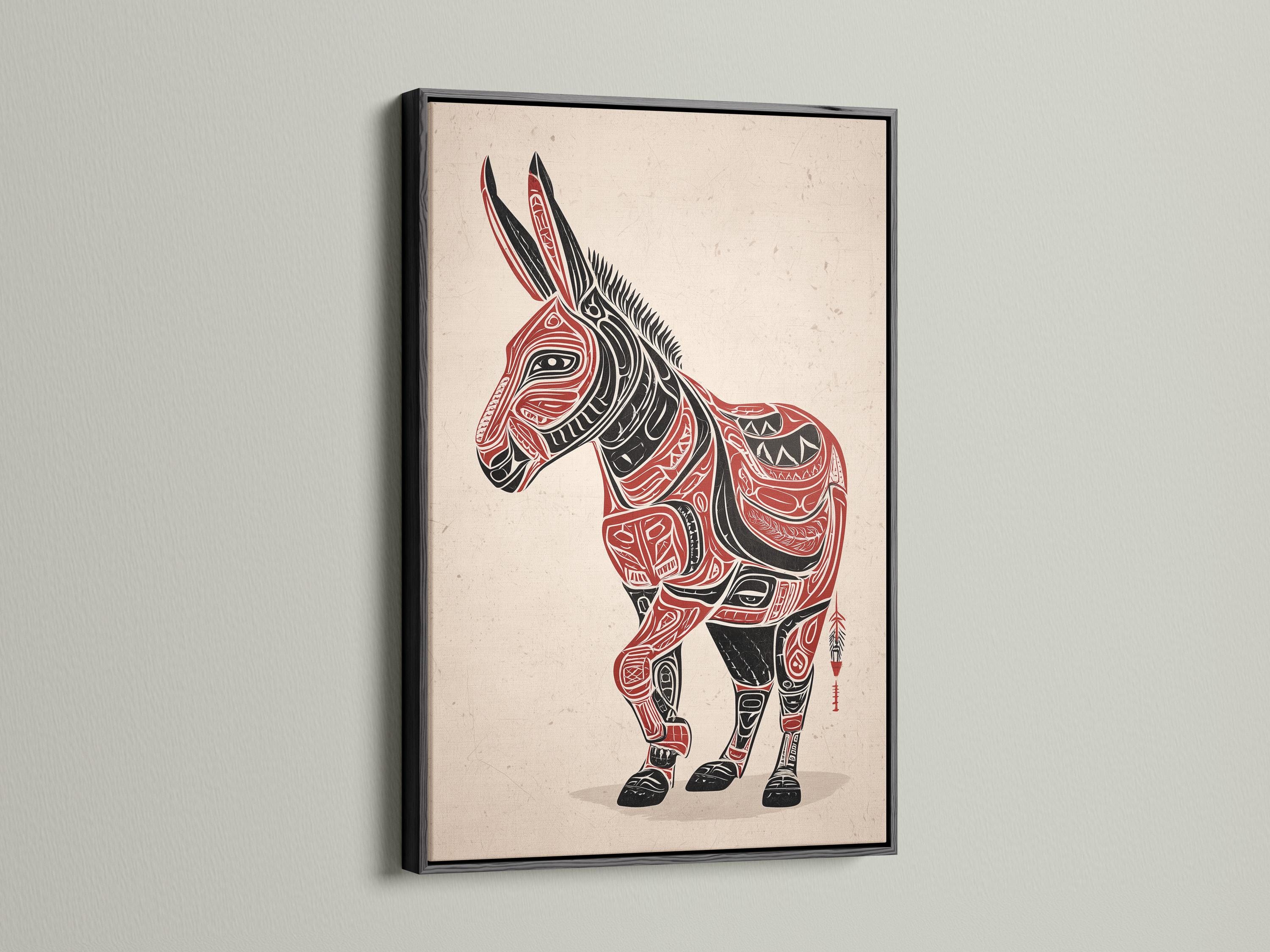Stylised donkey illustration in black and red with patterned line details on an off-white textured background detail view
