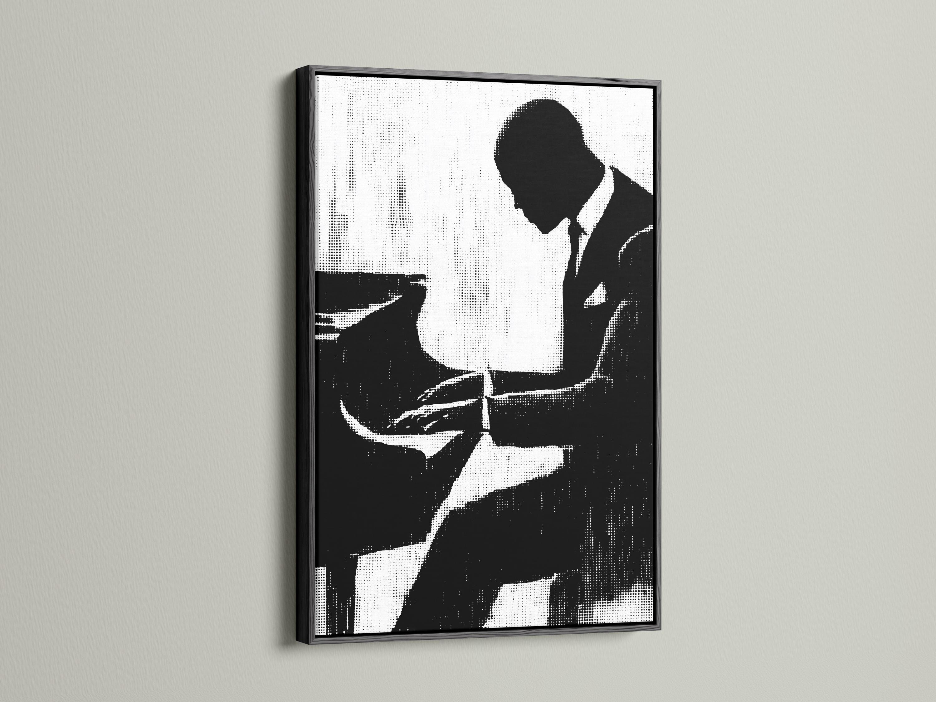 Black-and-white musician silhouette framed artwork on a wall mockup