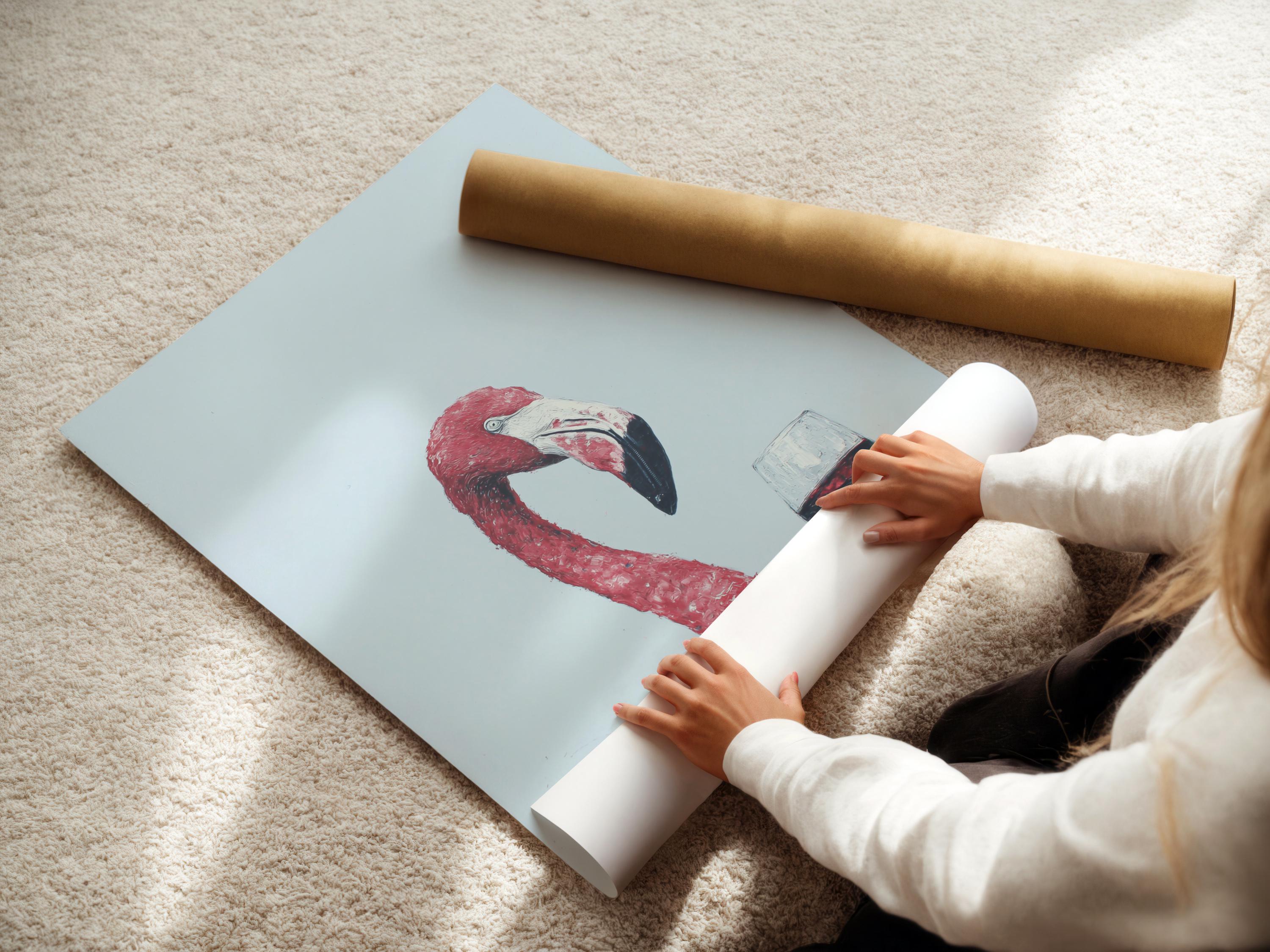 A pink flamingo is painted against a pale blue background, balancing a glass of red wine, with painterly speckled texture and soft contrast detail