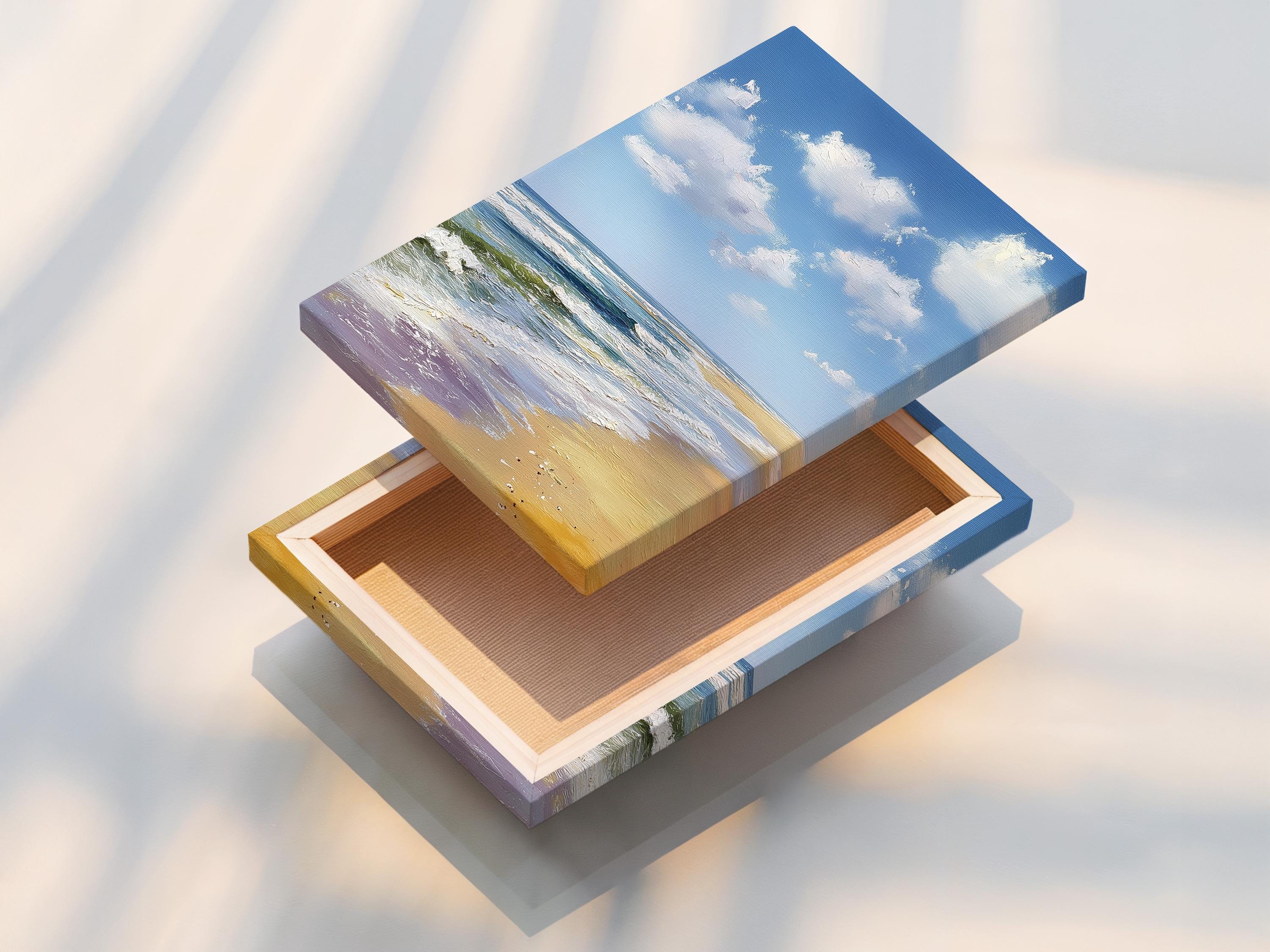 Blue ocean seascape with fluffy white clouds and foamy waves over sandy shore detail view