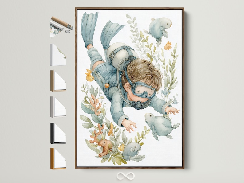 Underwater illustration of a diver with fish, sea plants, and coral on a pale background