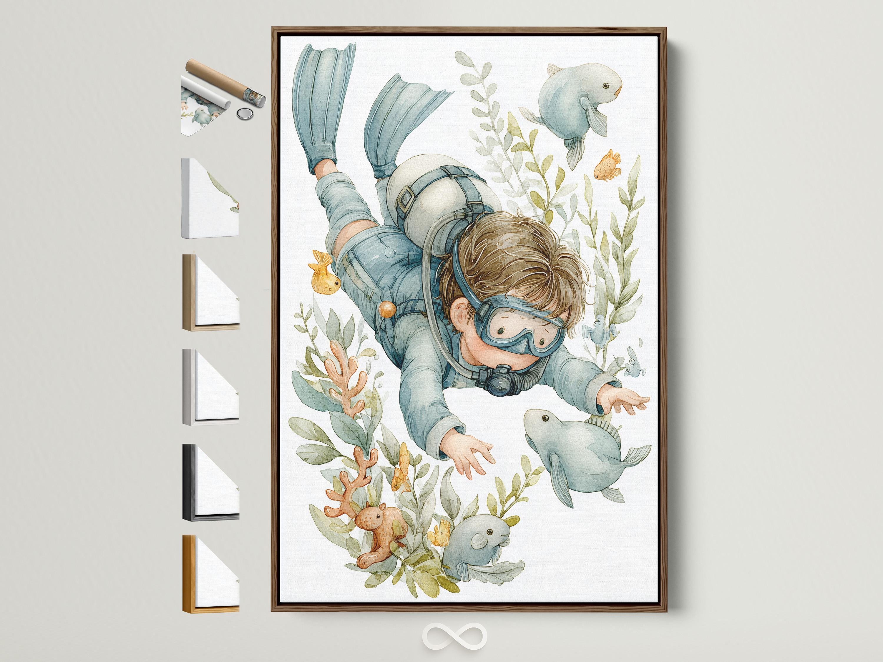 Underwater illustration of a diver with fish, sea plants, and coral on a pale background