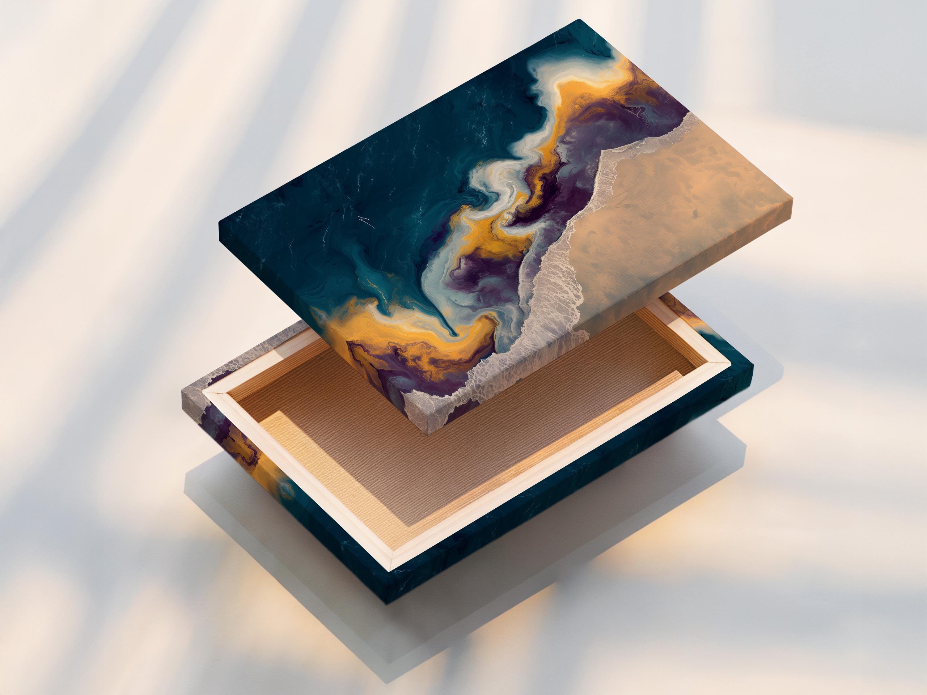 Room mockup showing an abstract seascape artwork with teal, gold and beige tones