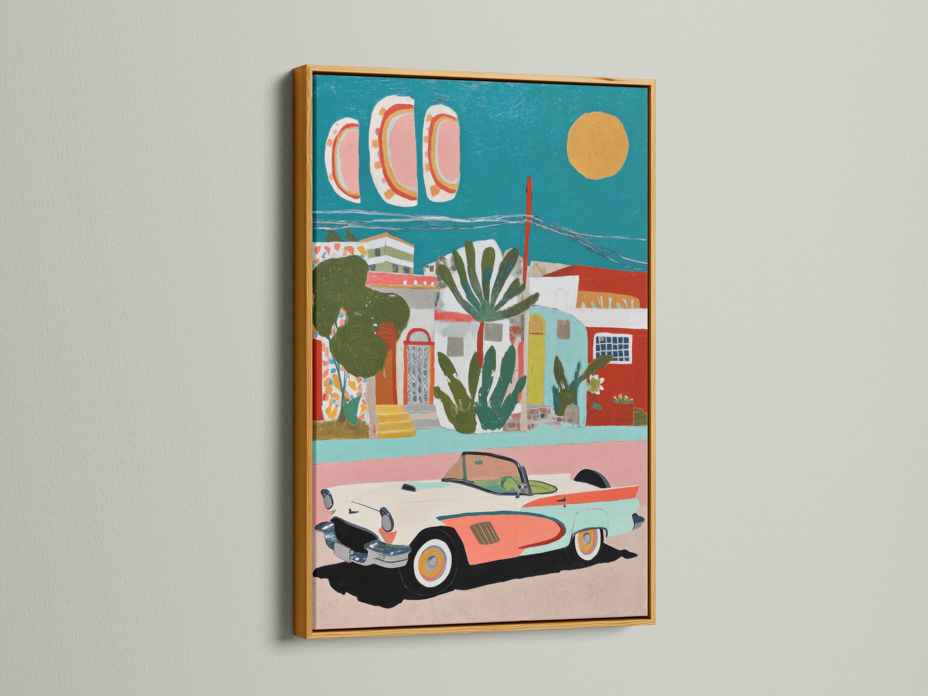 Retro car and coastal village artwork with teal sky and coral buildings detail view